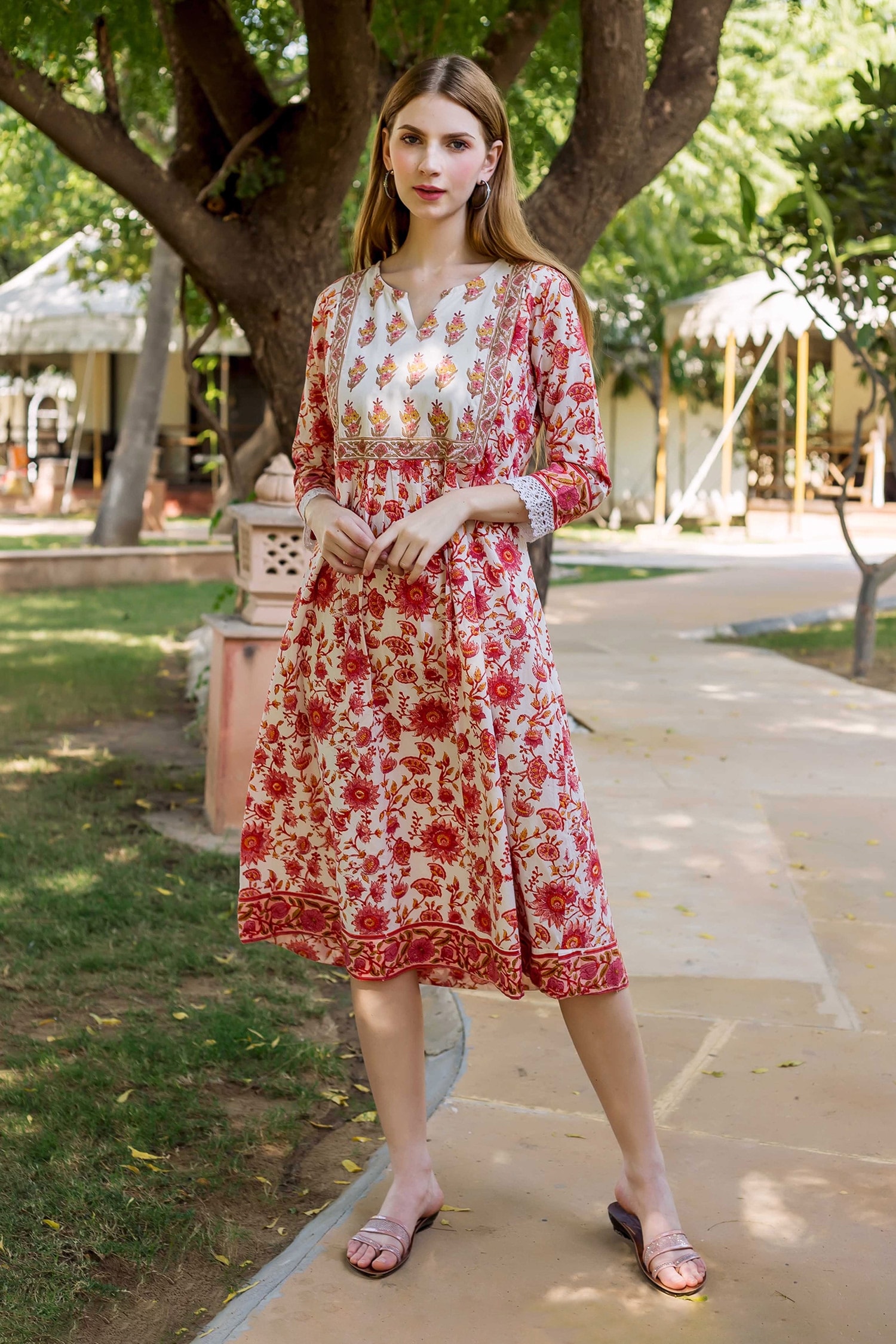 Missprint Red Cotton Hand Block Printed Lace Keyhole Midi Dress For Women