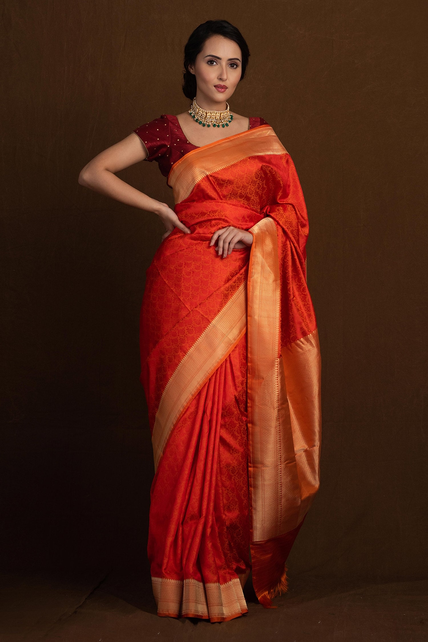 Buy Orange Pure Katan Silk Handwoven Tanchoi Handloom Banarasi Saree ...