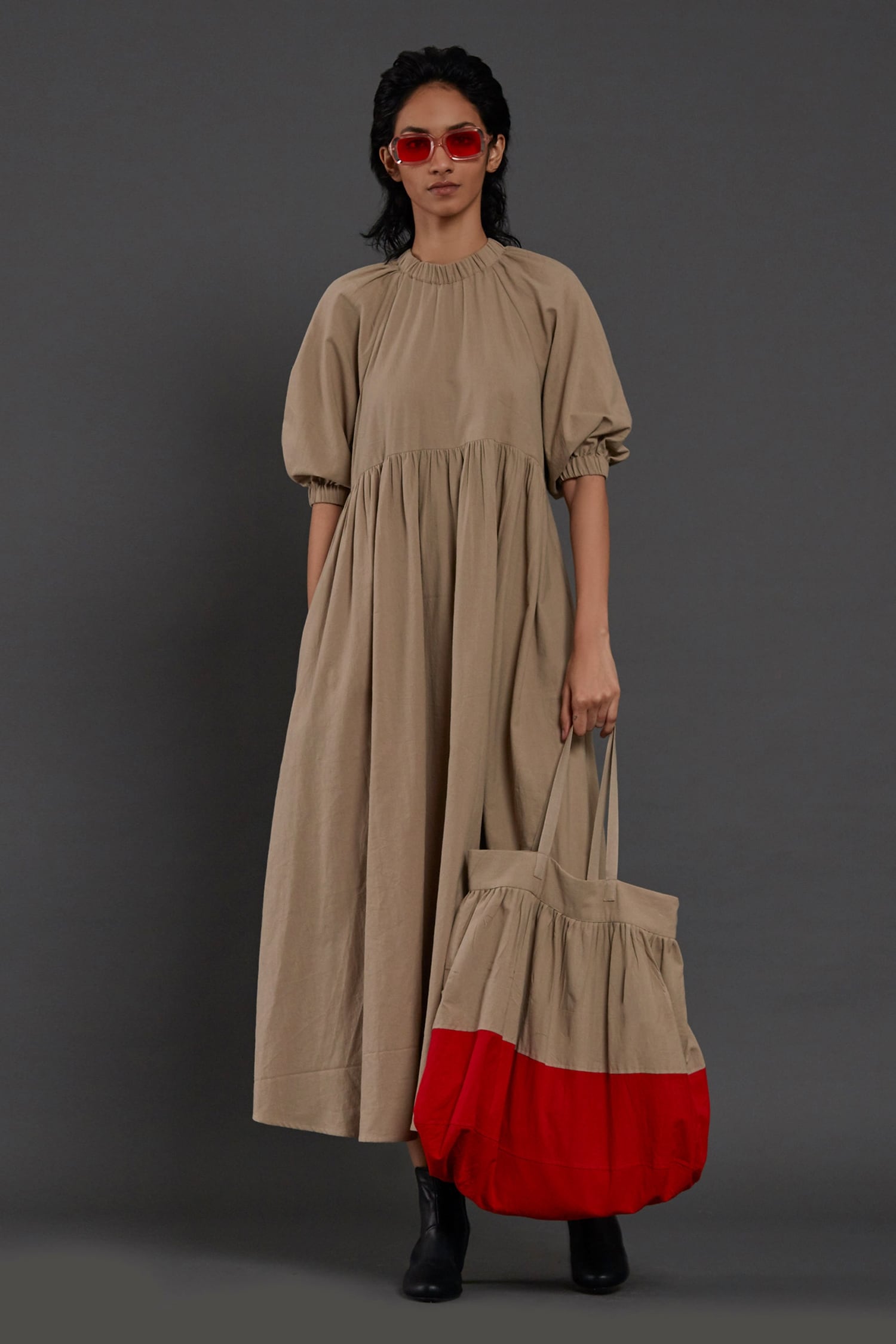 Buy Mati Beige Cotton Raglan Sleeve Gathered Dress Online | Aza Fashions
