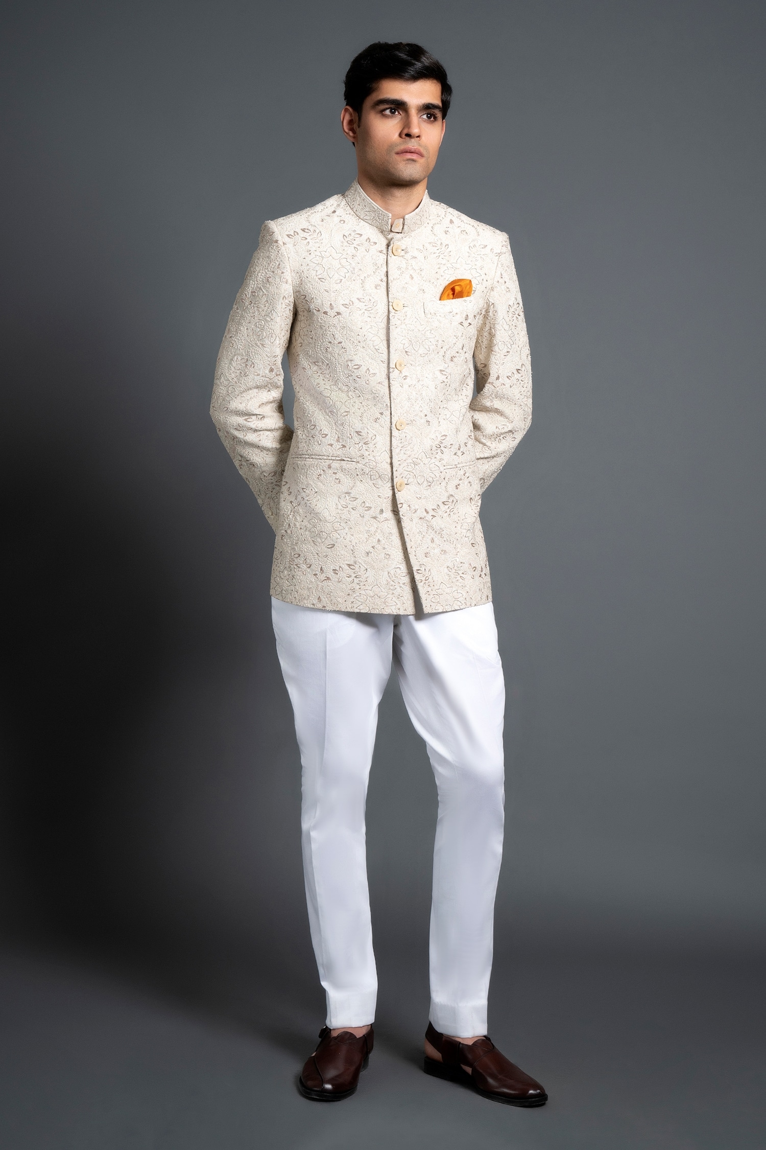 Buy Off White Silk Embroidered Floral Bandhgala For Men By Raghavendra ...