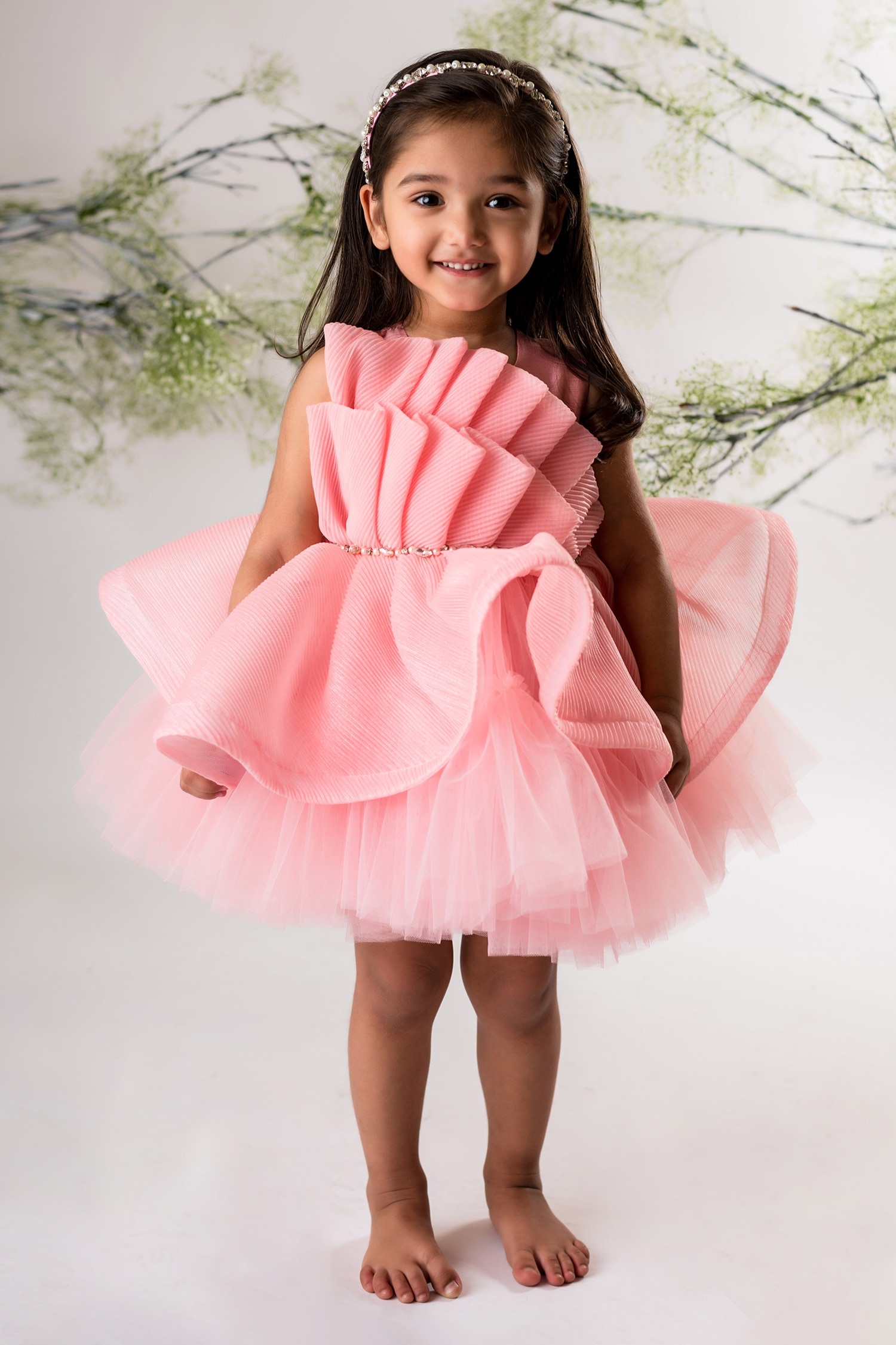 Buy Pink Organza Embellished Pearls Pleated Yoke Ruffle Dress For Girls ...