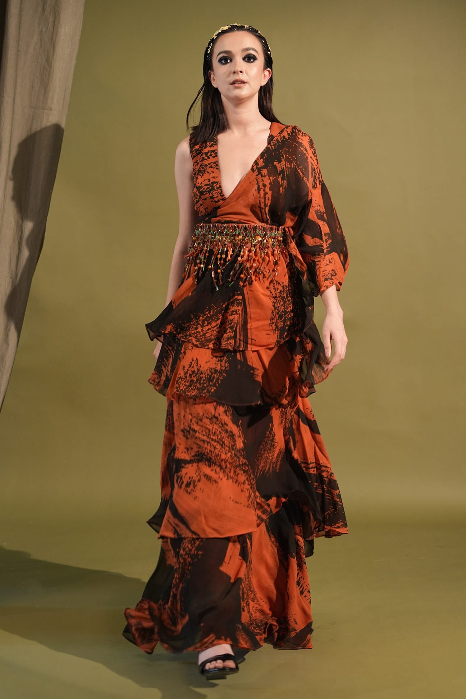 Nikita Mhaisalkar Orange Pure Georgette Stroke Print Ruffle Saree And Blouse Set