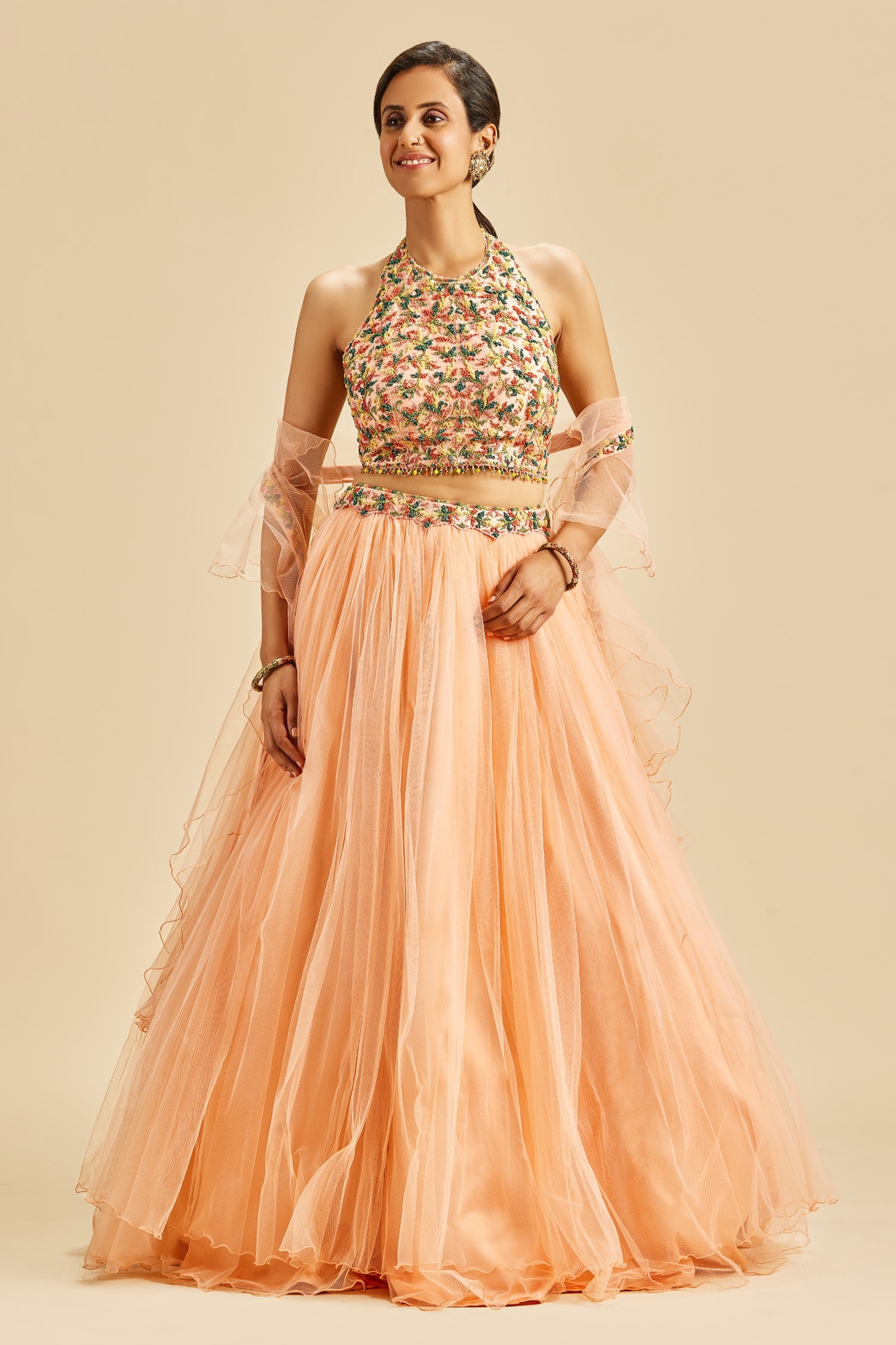 Buy Peach Lehenga And Dupatta Net Embroidery Floral Waistband Blouse