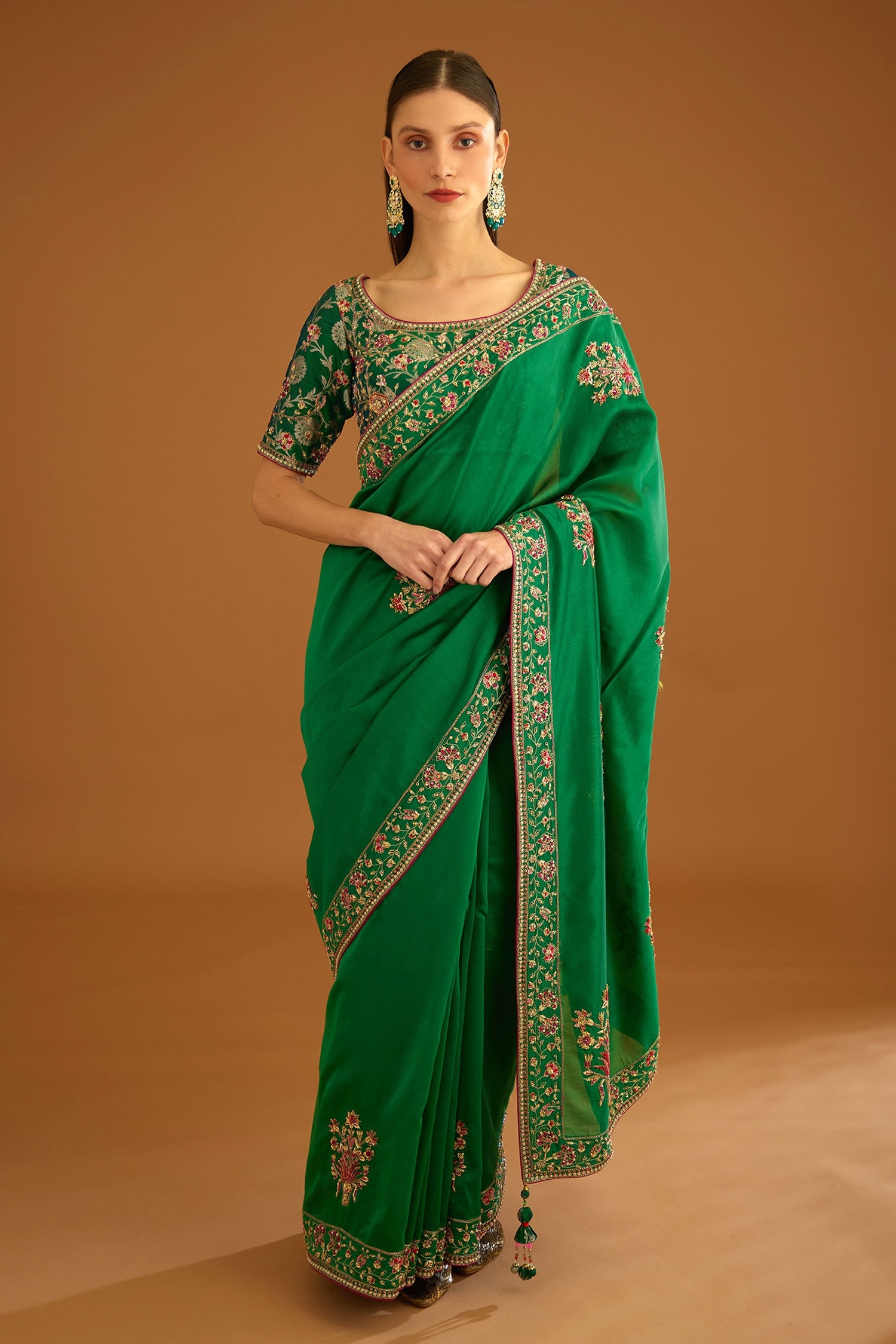 Shyam Narayan Prasad Green Silk Floral Zardozi Work Saree With Brocade Blouse