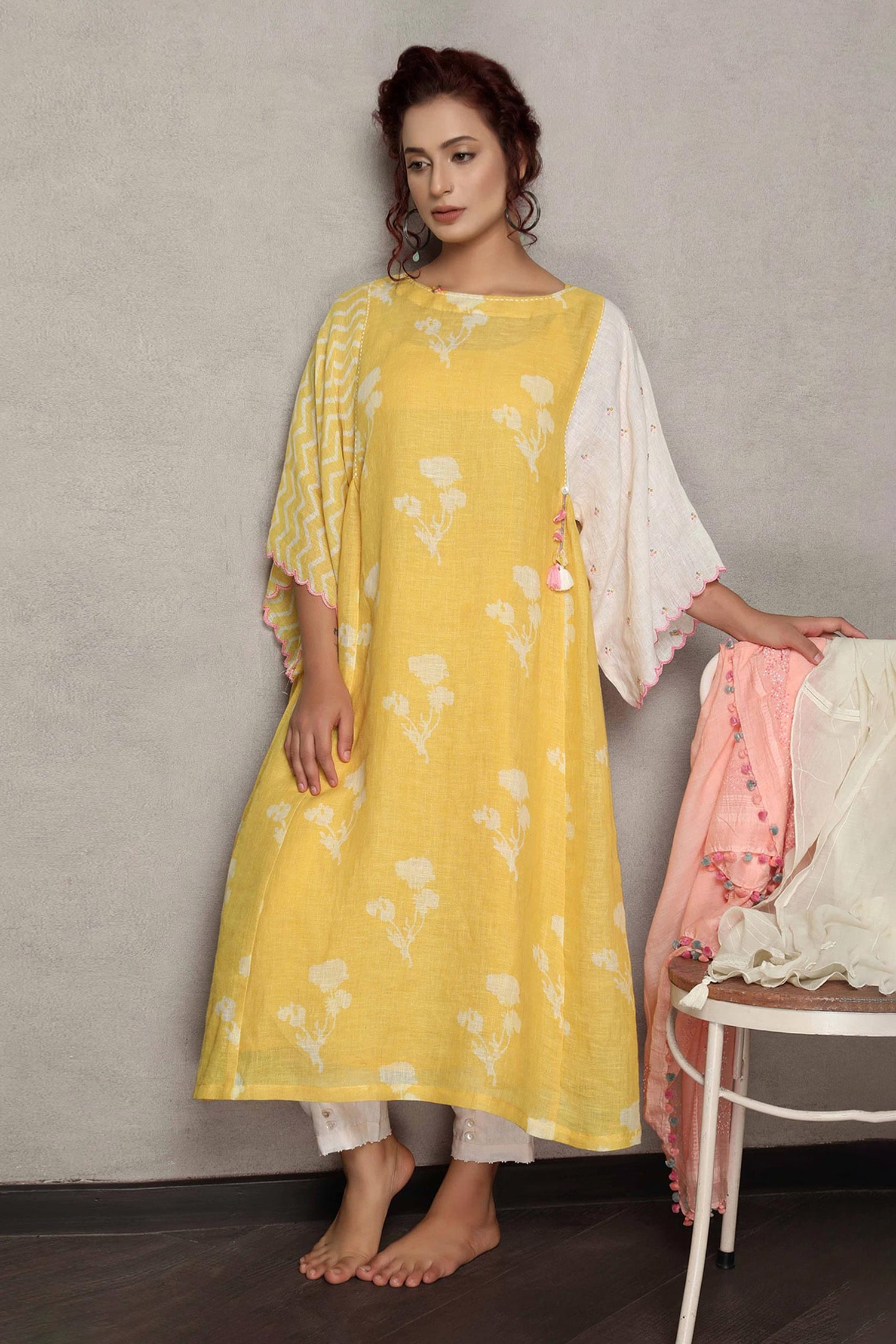Buy Yellow Dress Gauze Linen Printed And Applique Hand Gathered Kaftan