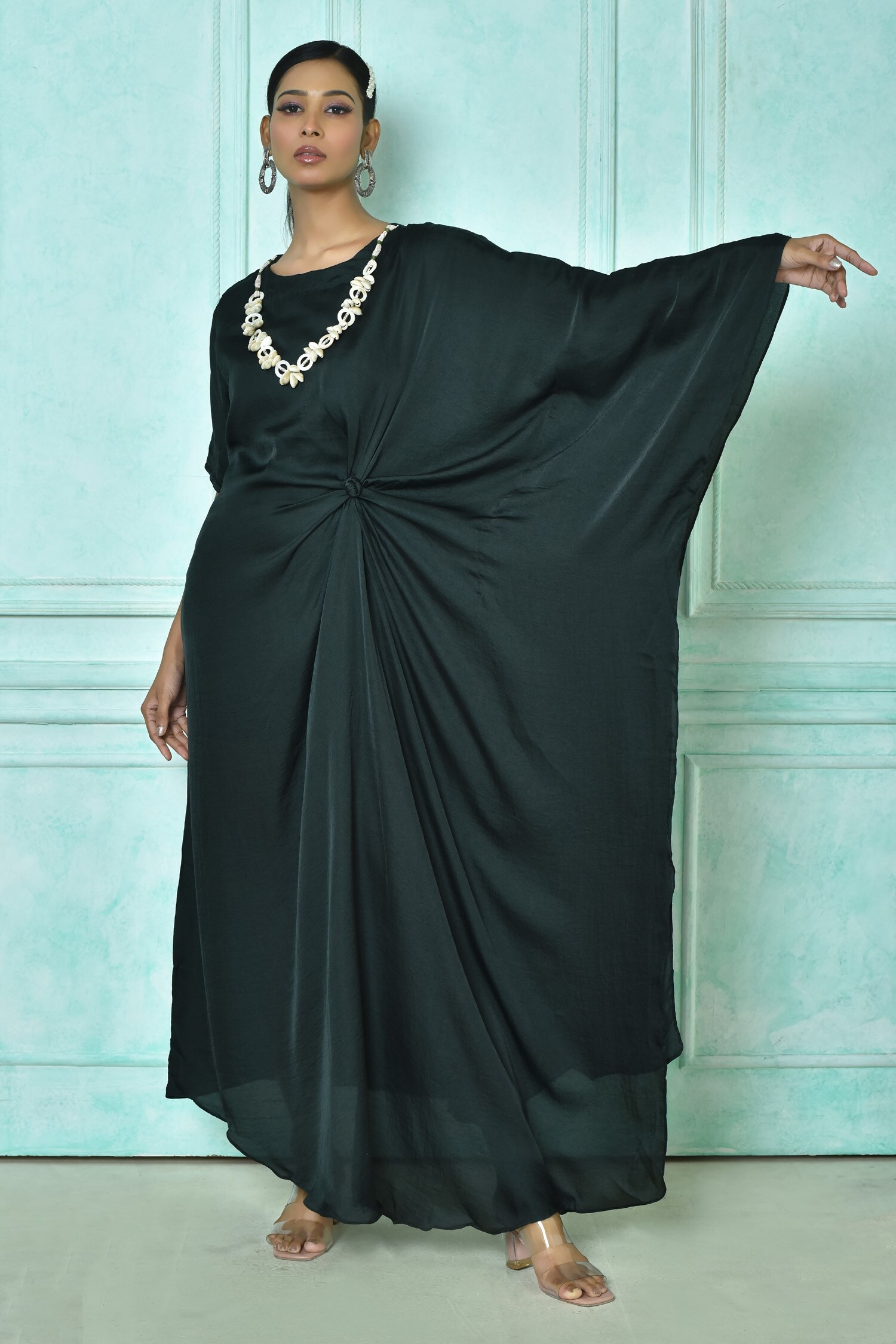 Nazaakat by Samara Singh Green Mini Silk Shell Embellished Asymmetric Hem Kaftan