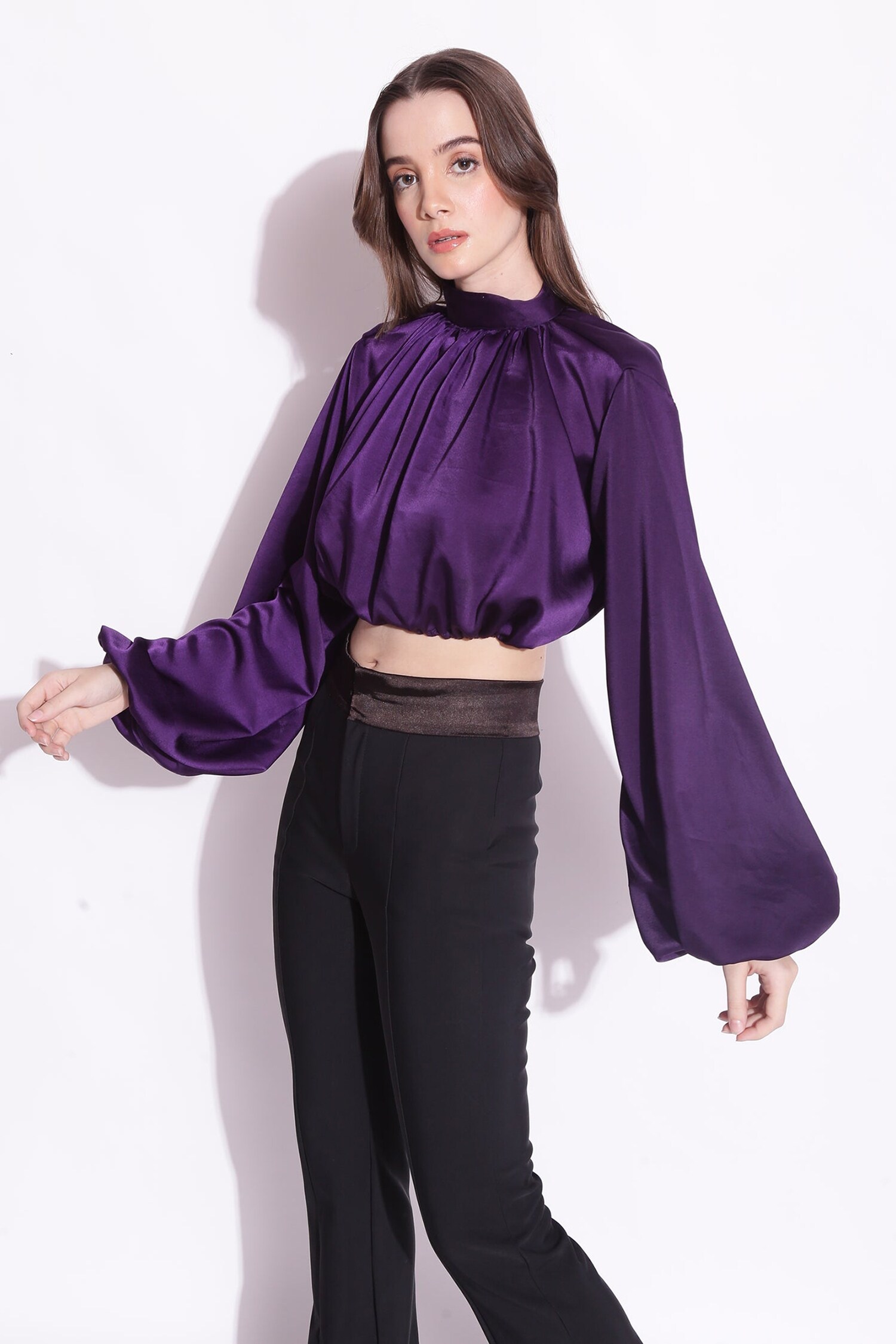 Buy Purple Satin Plain Mandarin Collar Voluminous Sleeves Crop Top For