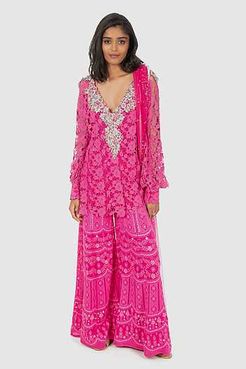 Fuchsia Leheriya Print Kurta with Chikankari Embroidery