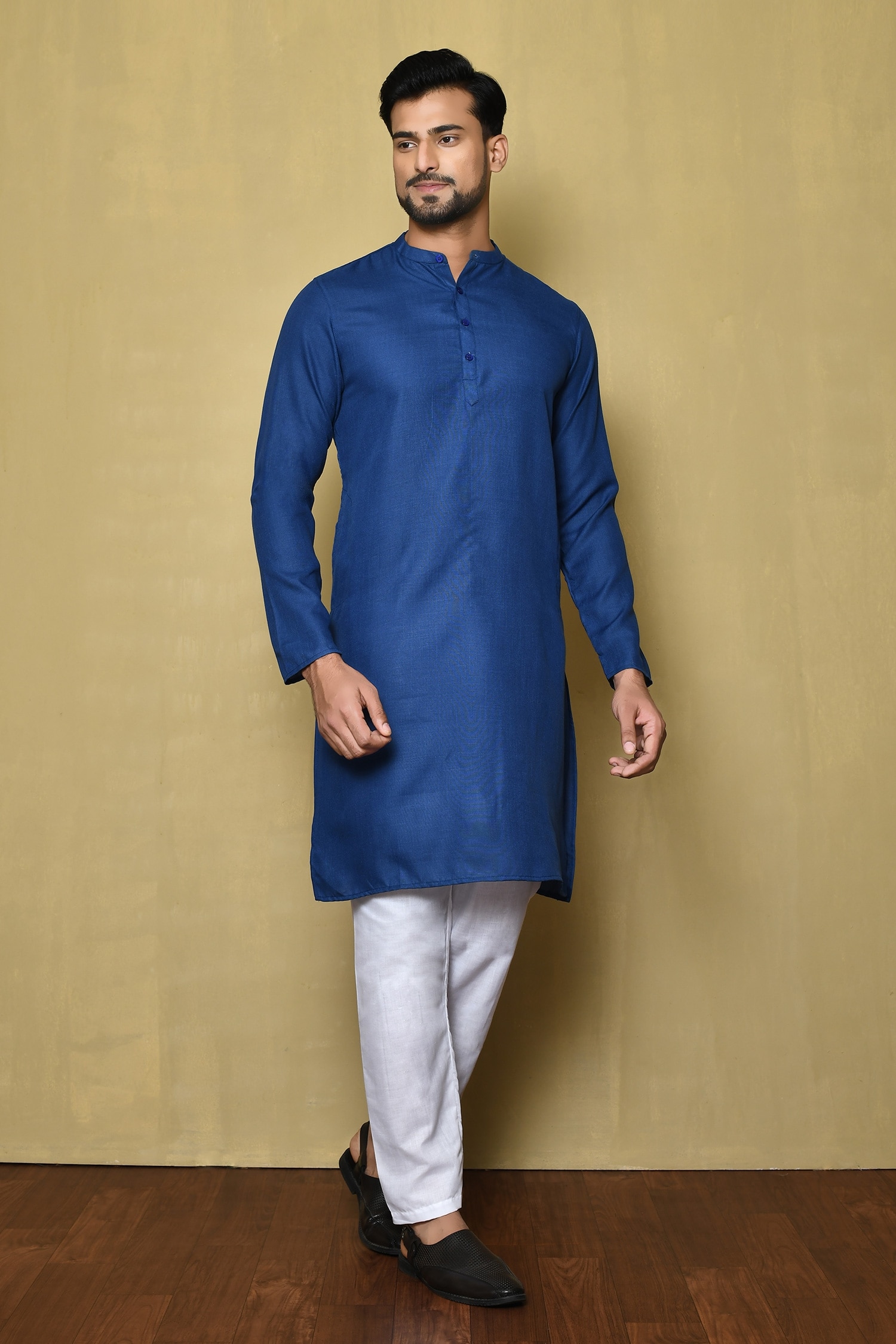 Buy Blue Cotton Silk Plain Solid Mandarin Collar Kurta For Men by ...