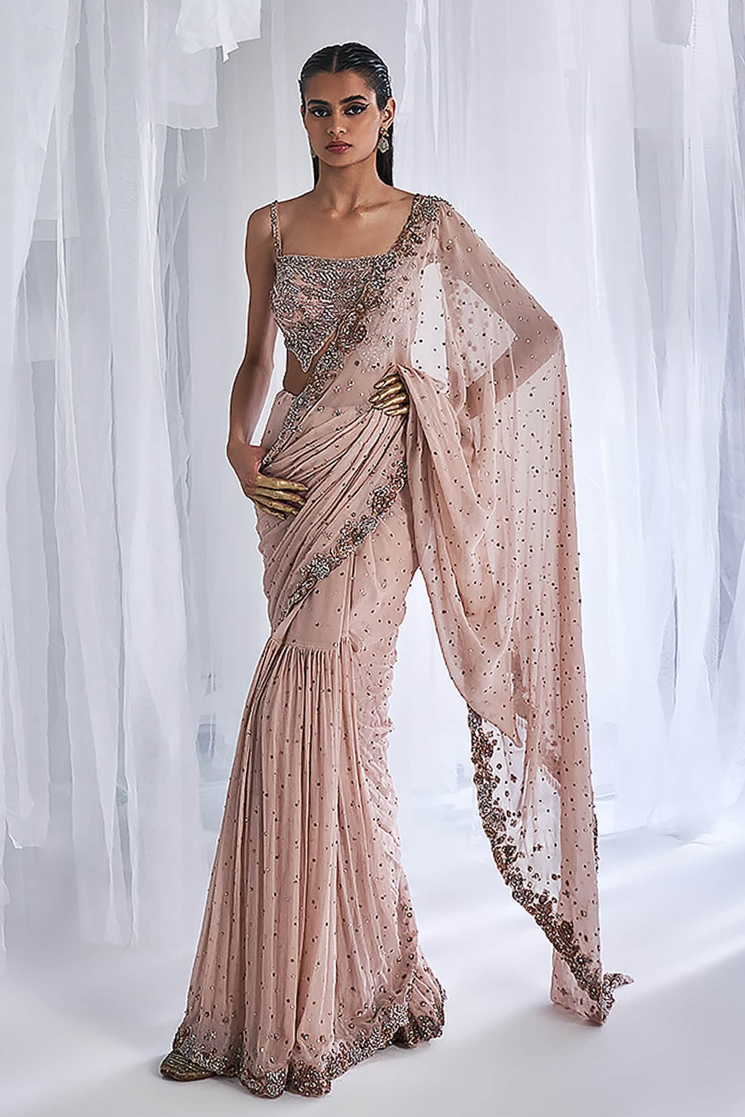 Buy Ivory Chiffon Shanayah Kamdani Prestitched Saree With Corset For Women by Dolly J Online at