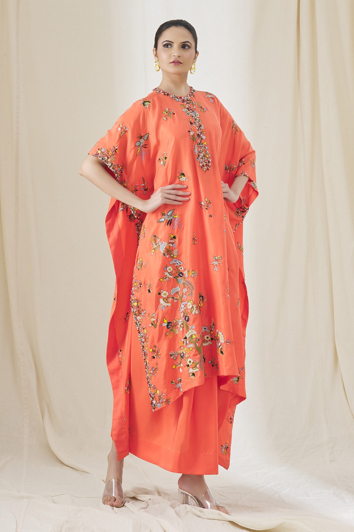 Anamika Khanna Coral Embroidered Tunic And Draped Skirt Set