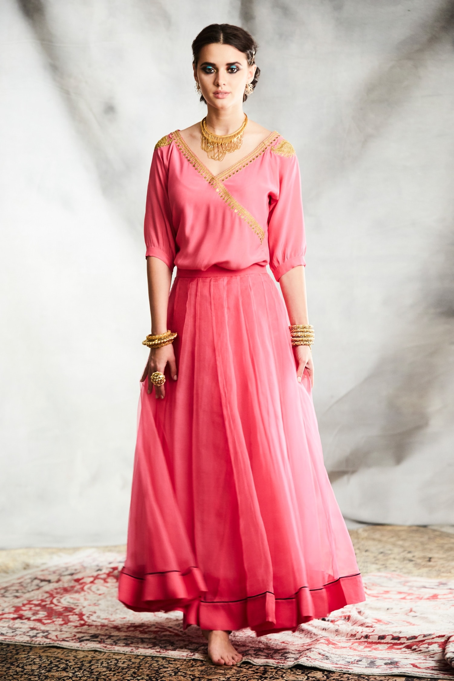 Buy Pink Top : Crepe Embroidery Zardozi V Neck Zara And Skirt Set For ...