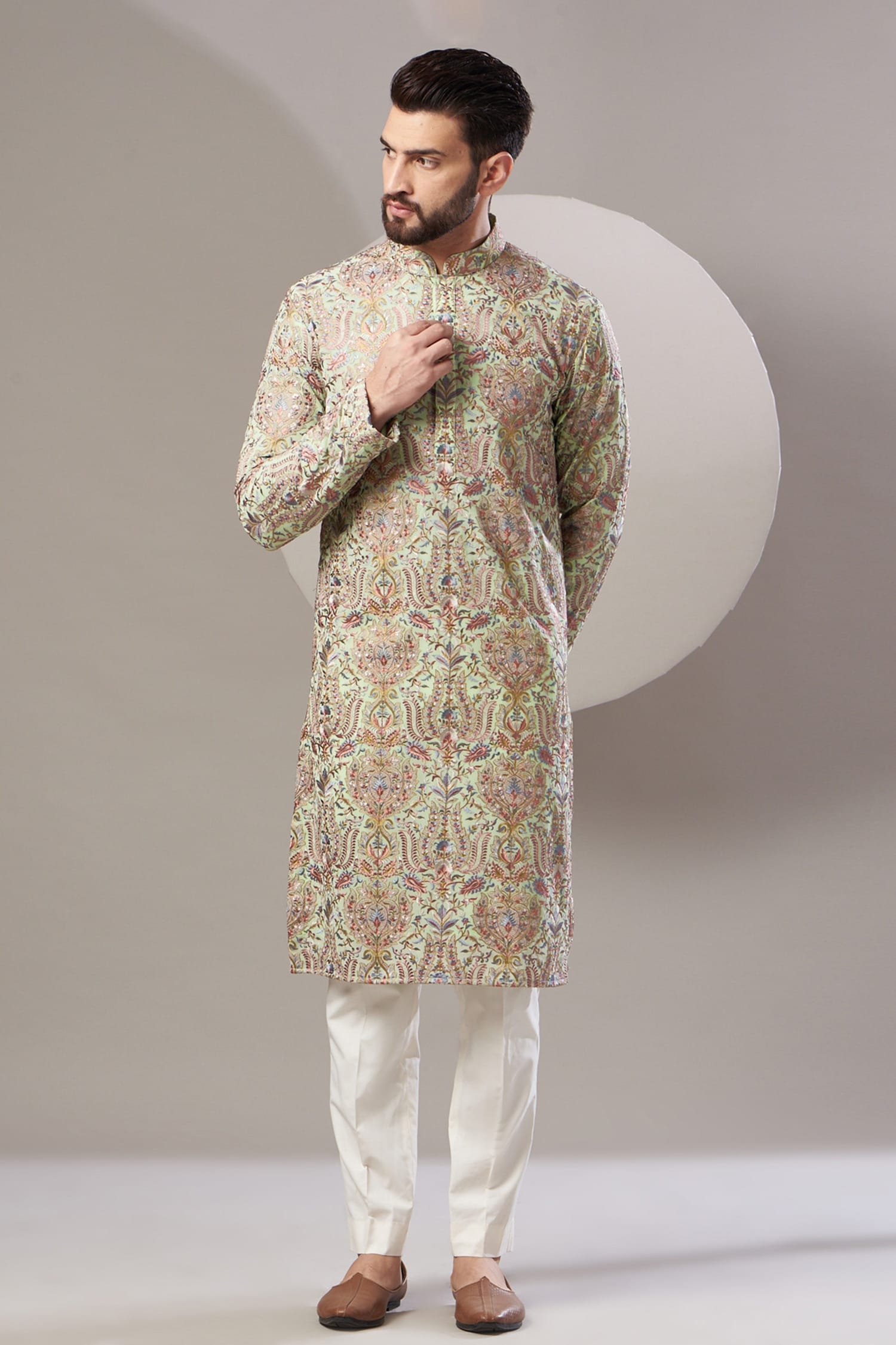 Buy Green Georgette Embroidered Floral Full Sleeve Kurta For Men by ...