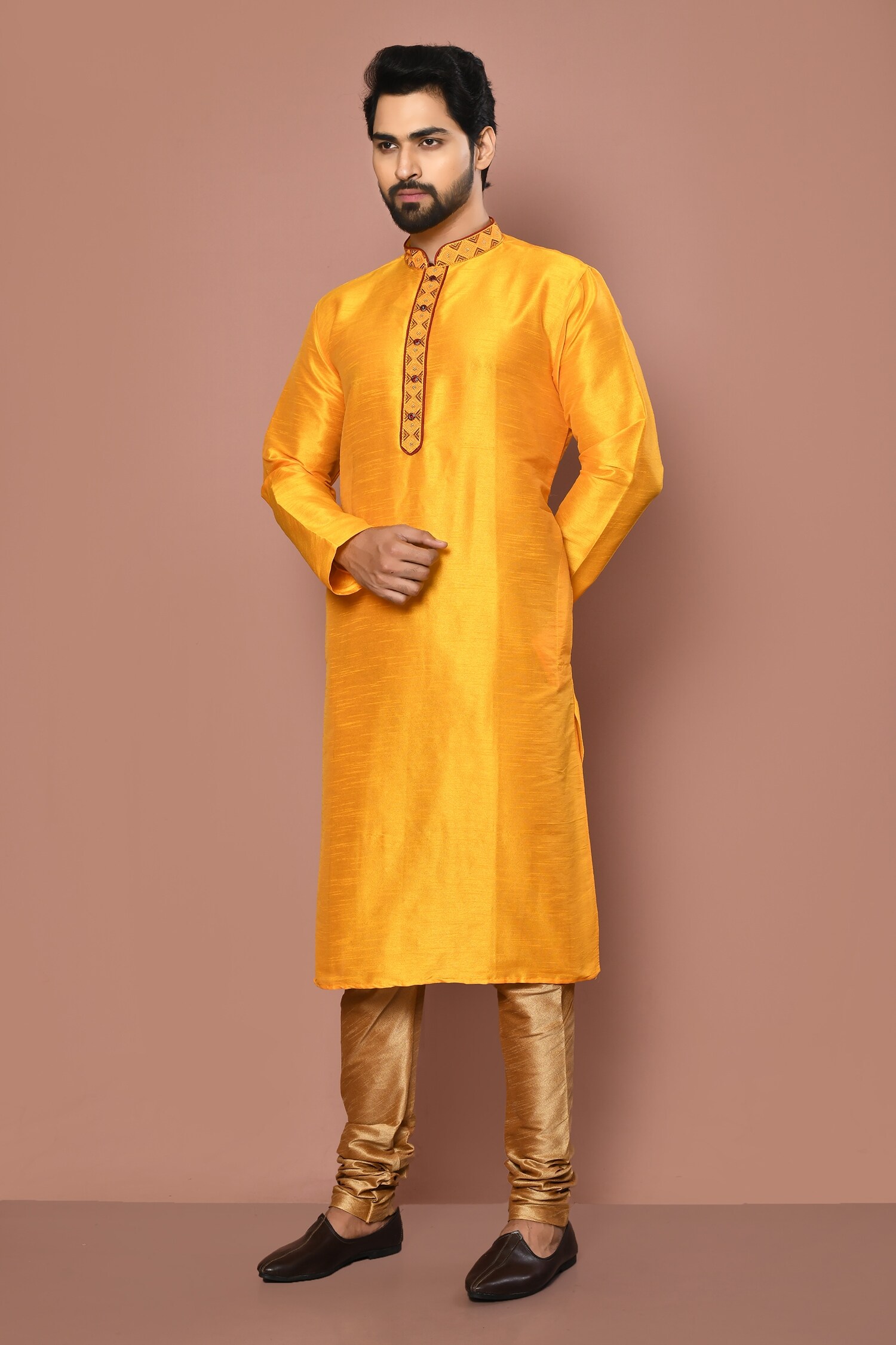 Buy Orange Dupion Silk Embroidered Thread Collar Kurta Set For Men by