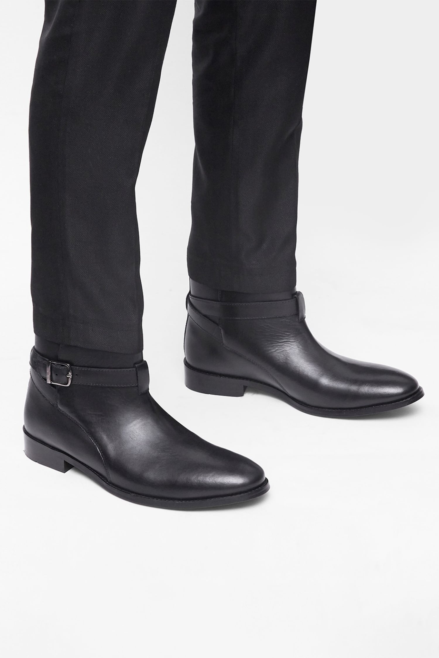 Buy Black Genuine Leather Plain Buckle Ankle Boots For Men by Hats Off ...