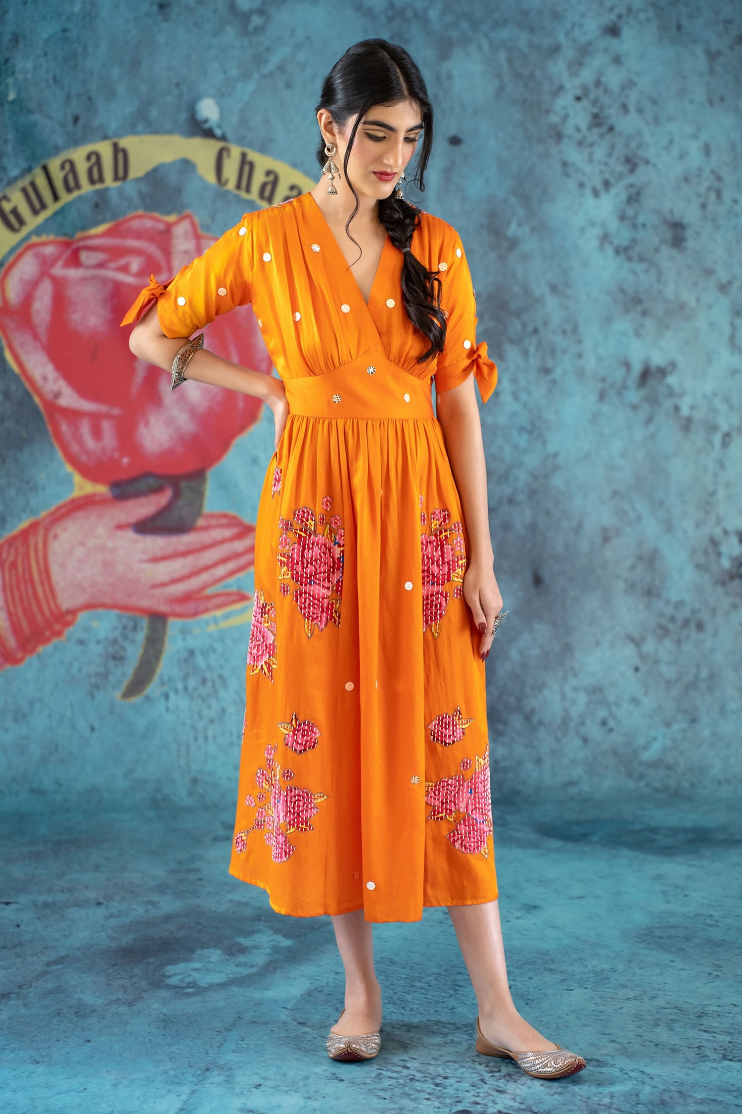 Buy Kacha Tanka Orange Cotton Satin Rose Applique Dress Online Aza