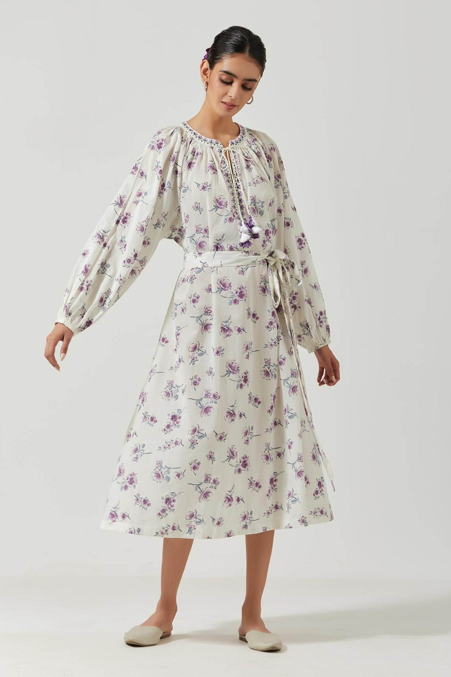 Label Earthen Ivory Cotton Mul Floral Print Dress