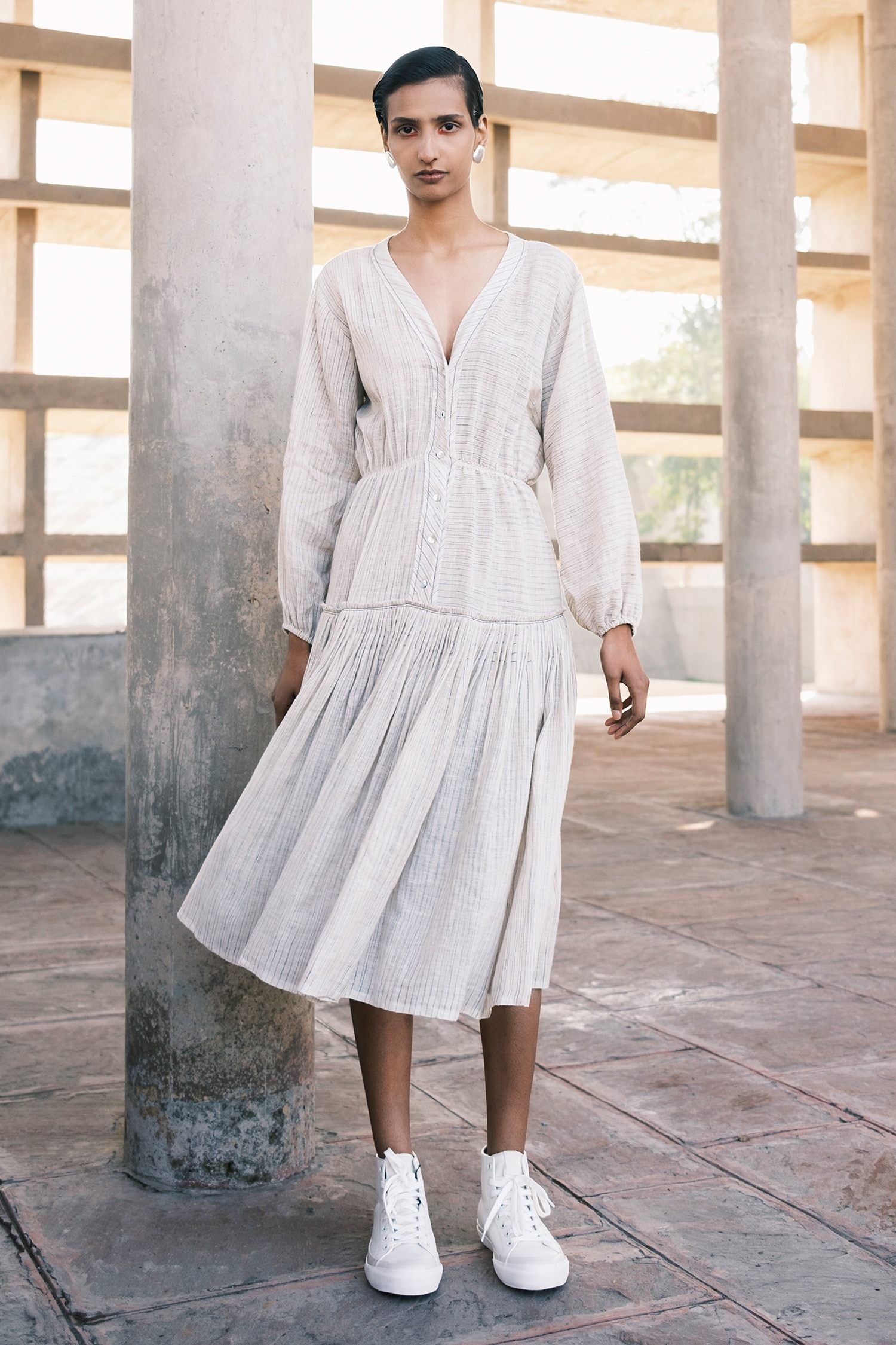 Urvashi Kaur Off White Handwoven Linen Cotton Corinth Stripe Pattern Dress
