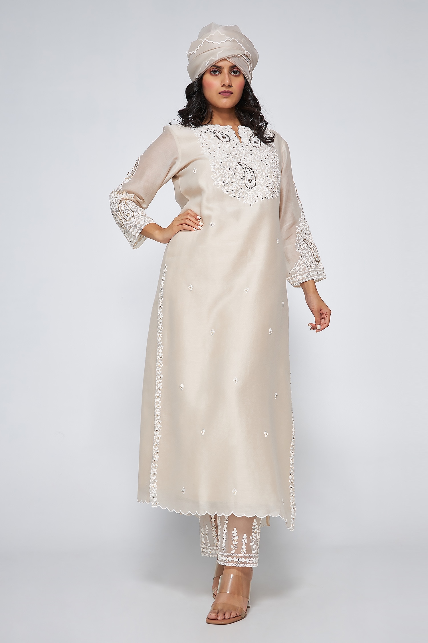 Asaga Silver Chanderi Embroidered Floral Notched Neck Stella Kurta Set For Women