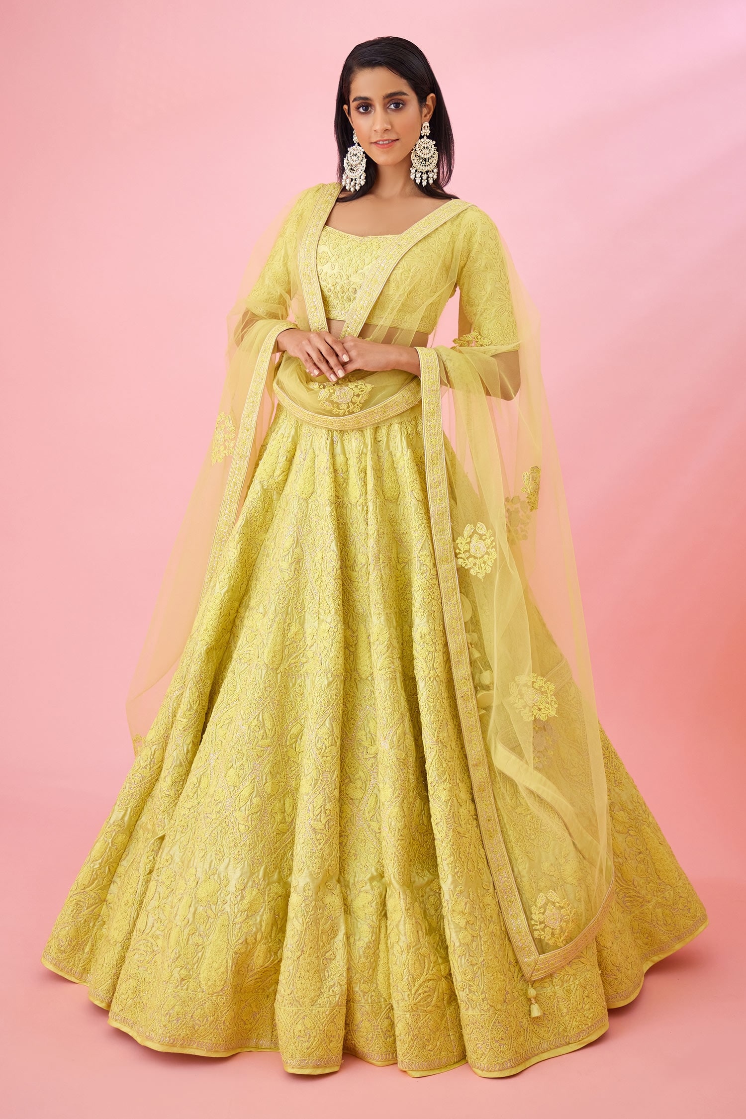 Shyam Narayan Prasad Yellow Raw Silk Floral Patchwork Lehenga Set