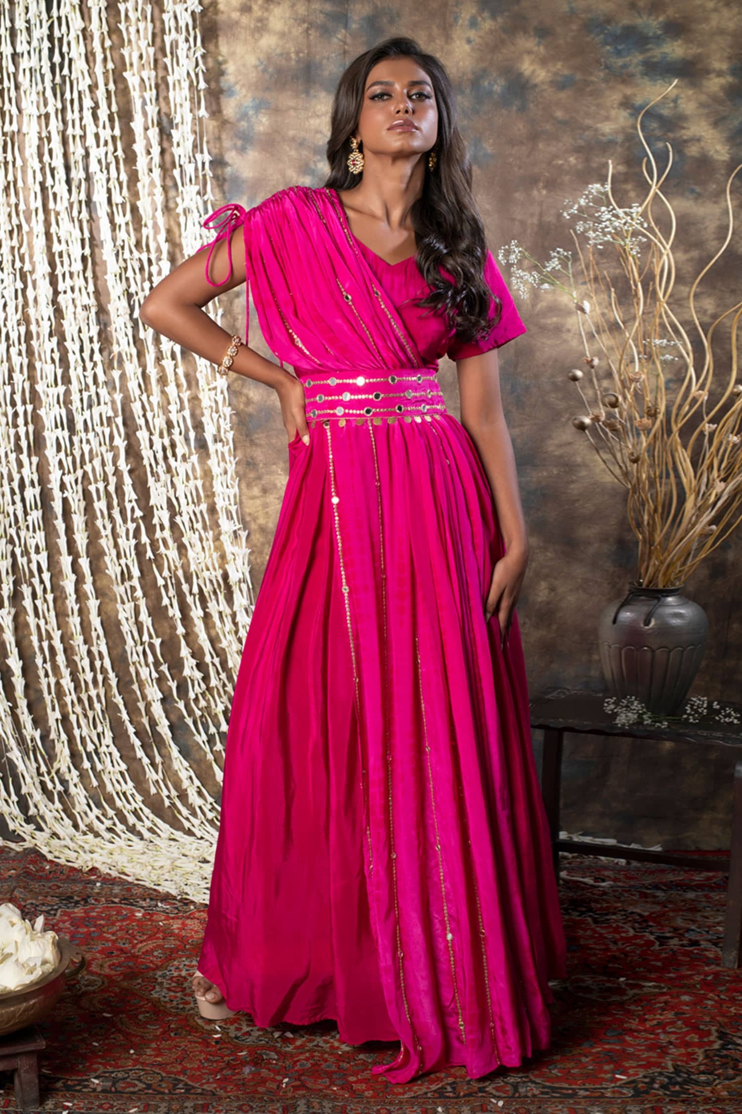 Pink long sleeve floor dresses