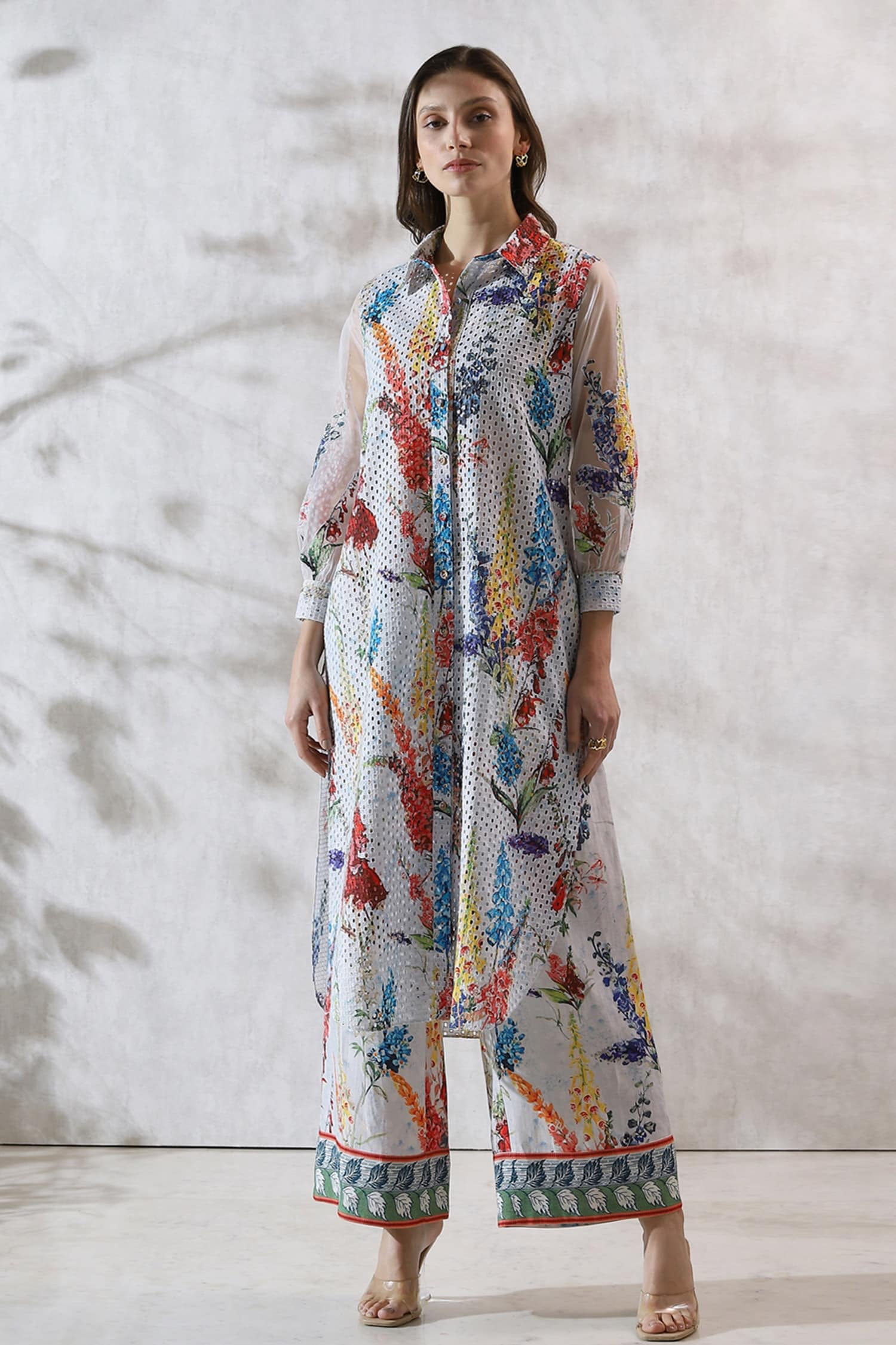 Ranna Gill Multi Color Viscose Linen Print Floral Schiffli Embroidered Kurta For Women