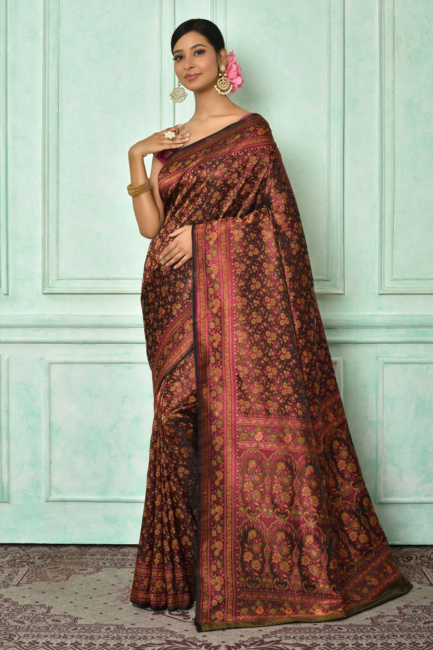 Samyukta Singhania Brown Katan Jamawar Silk Woven Floral Saree With Running Blouse For Women