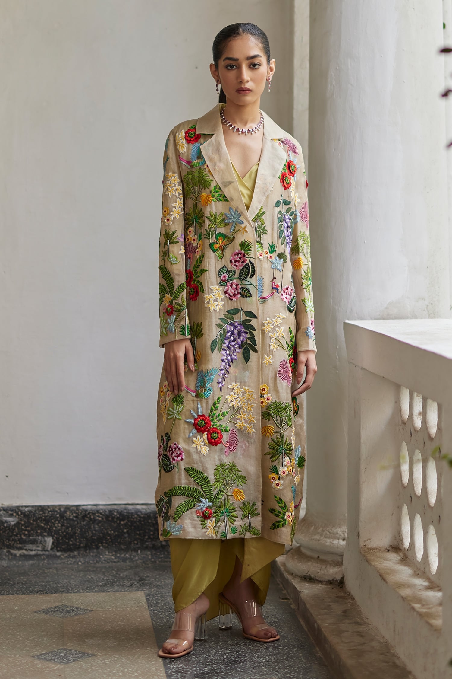 Buy Gold Zari Silk Embroidered Floral Lapel Collar Jacket For Women by Betrue Online at Aza