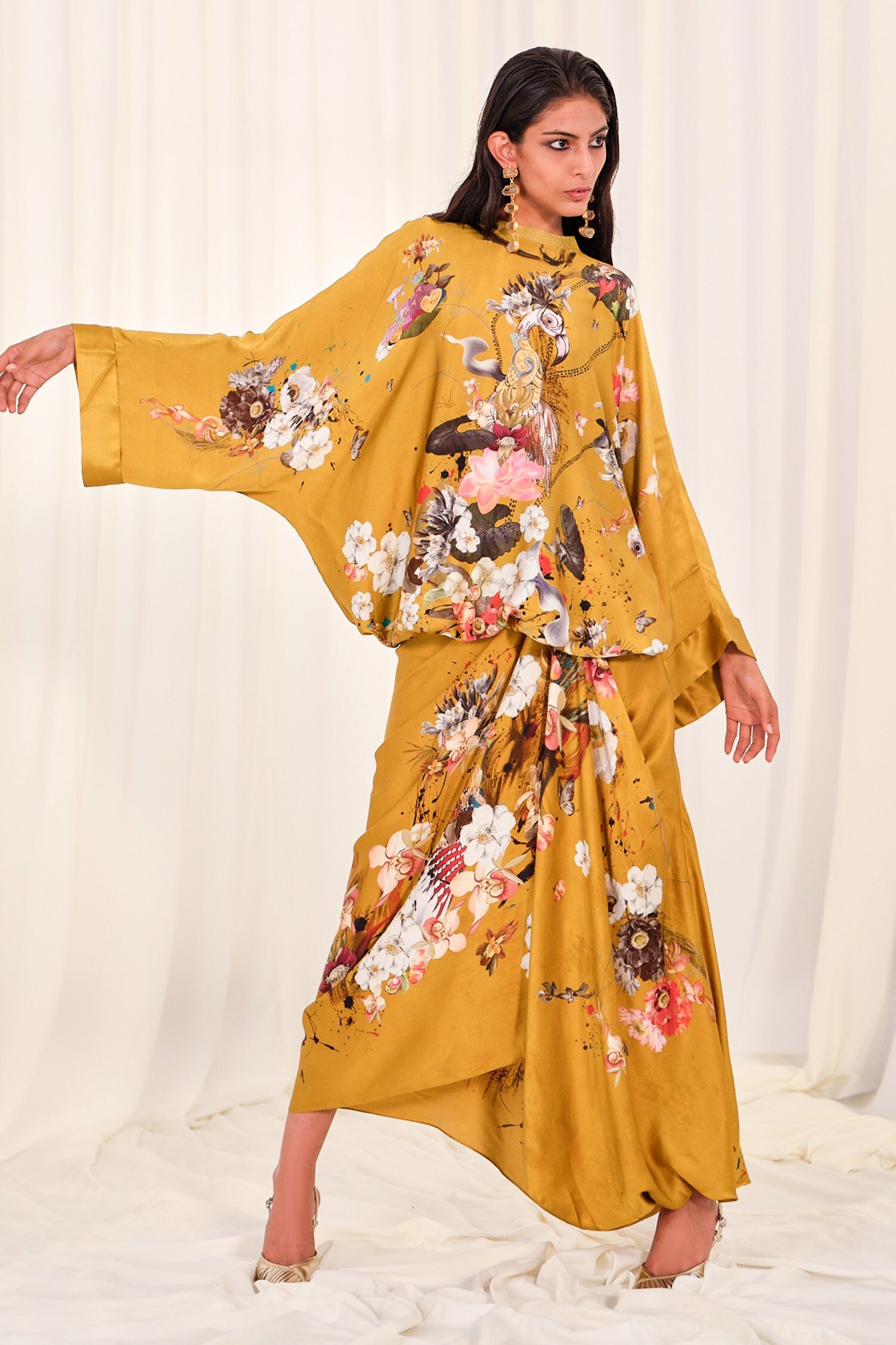 Buy Anamika Khanna Yellow Silk Floral Print Top With Drape Skirt Online