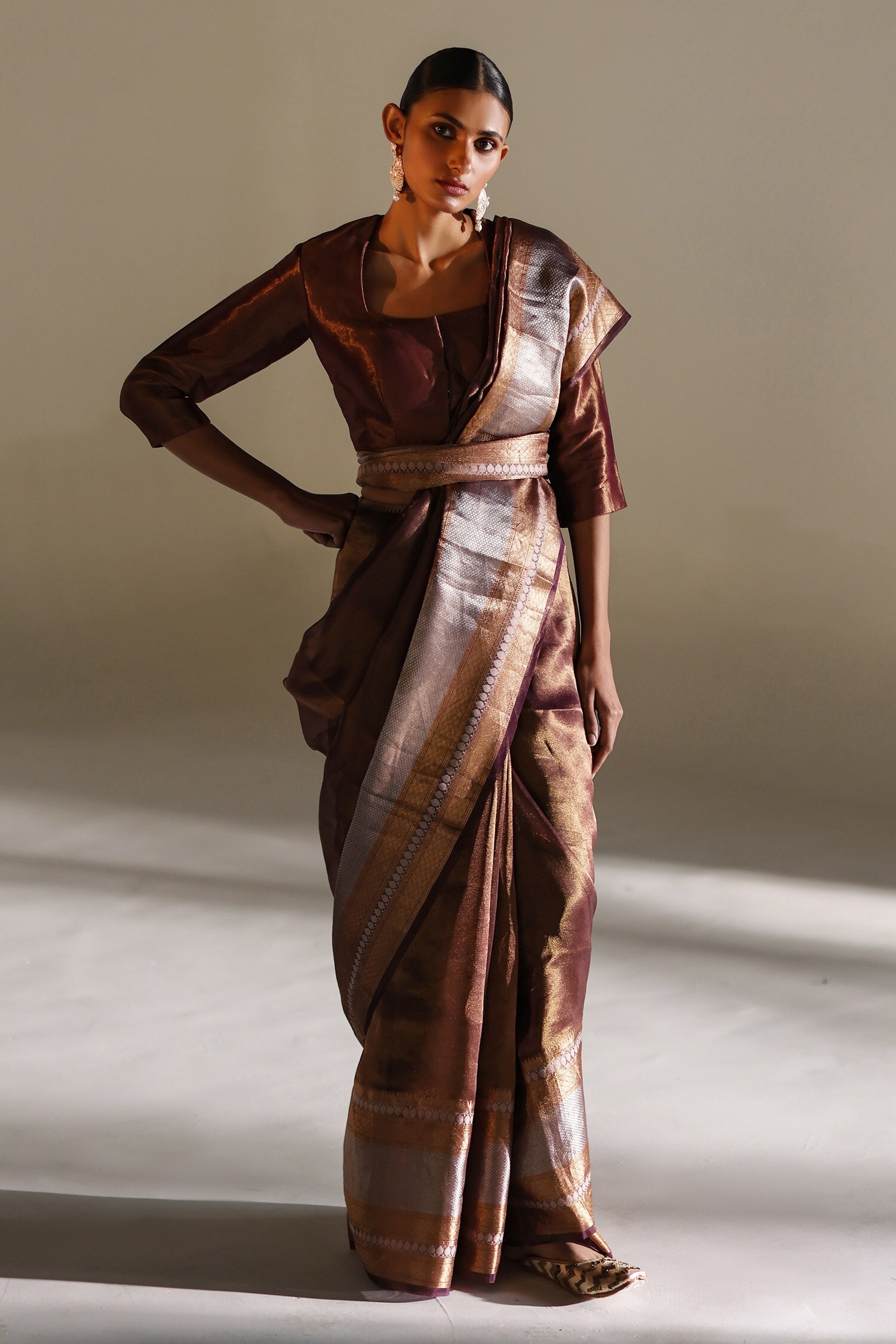 Mimamsaa Wine Geri Tissue Silk Woven Saree