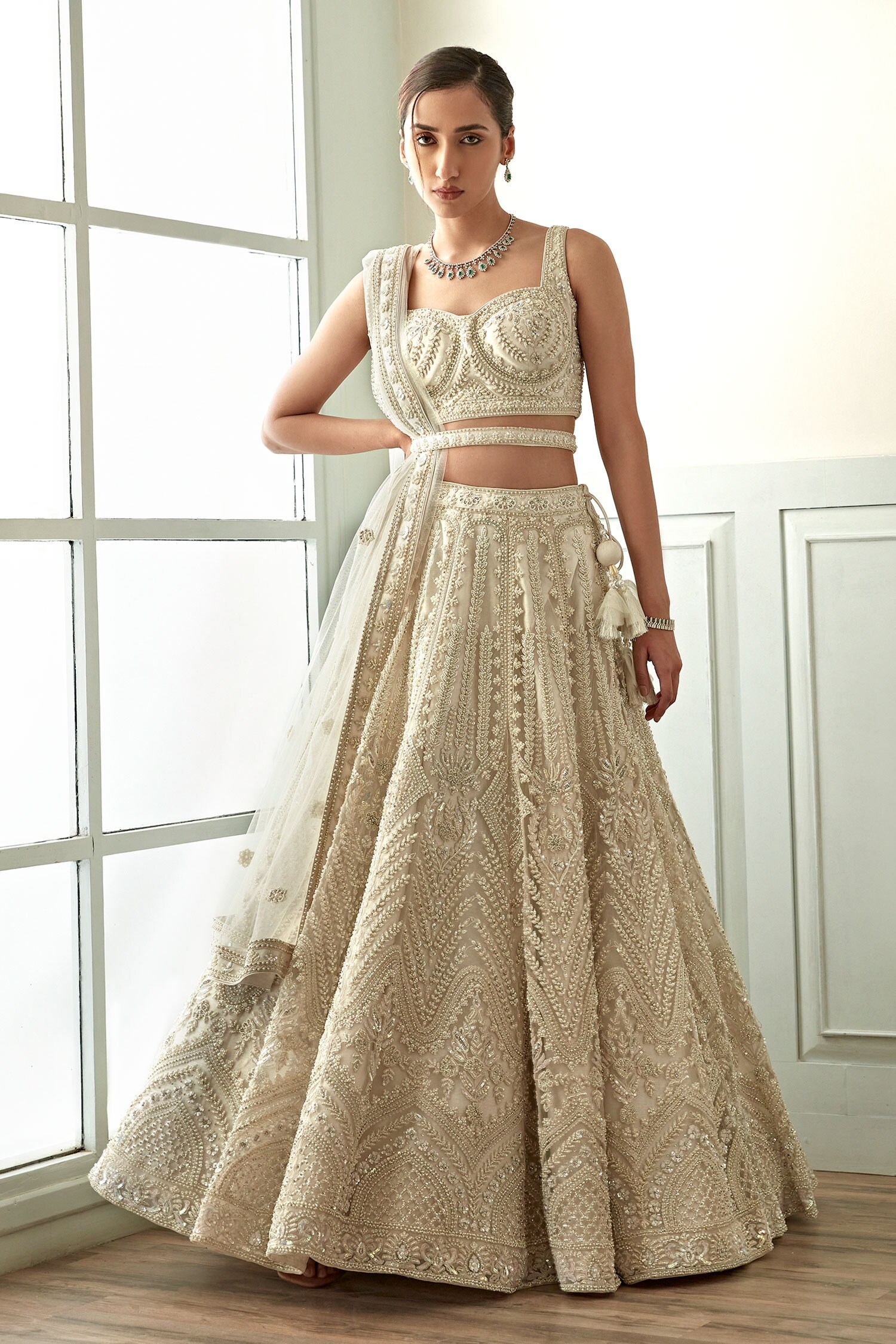 Buy White Organza Embroidery Pearls Sweetheart Neck Aziz Lehenga Set