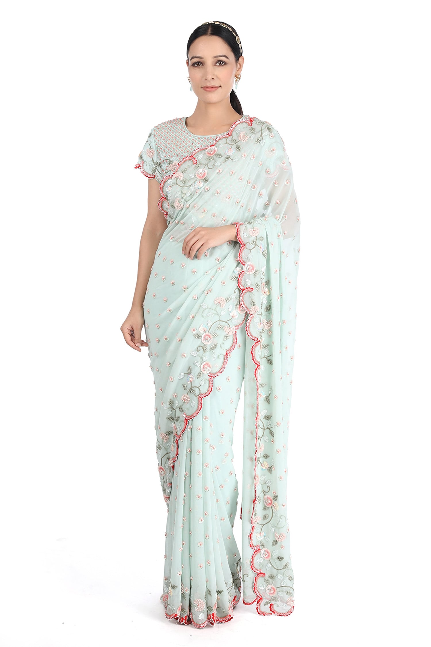 Buy Blue Georgette Hand Embroidery Sequins Floral Bloom Saree With ...