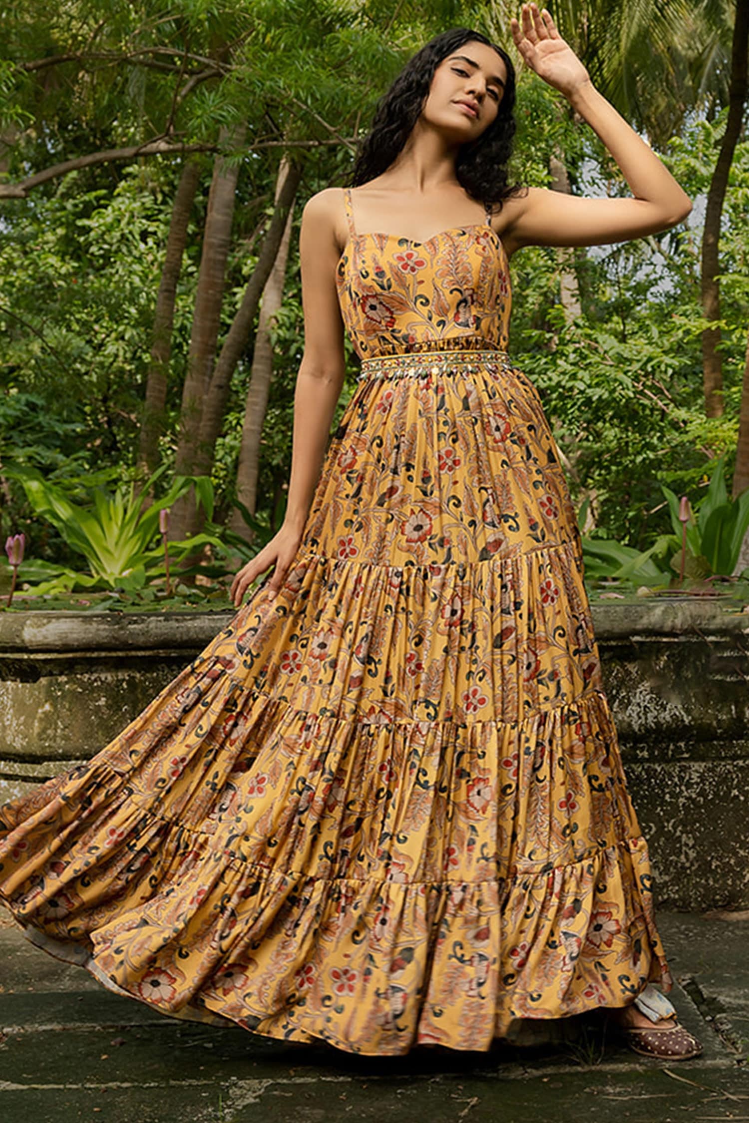 Buy TILTON Women's Faux Georgette Regular Fit Kalamkari Print Jacquard  Weaving Patta Work Gown (Multicolor, 2XL) at Amazon.in