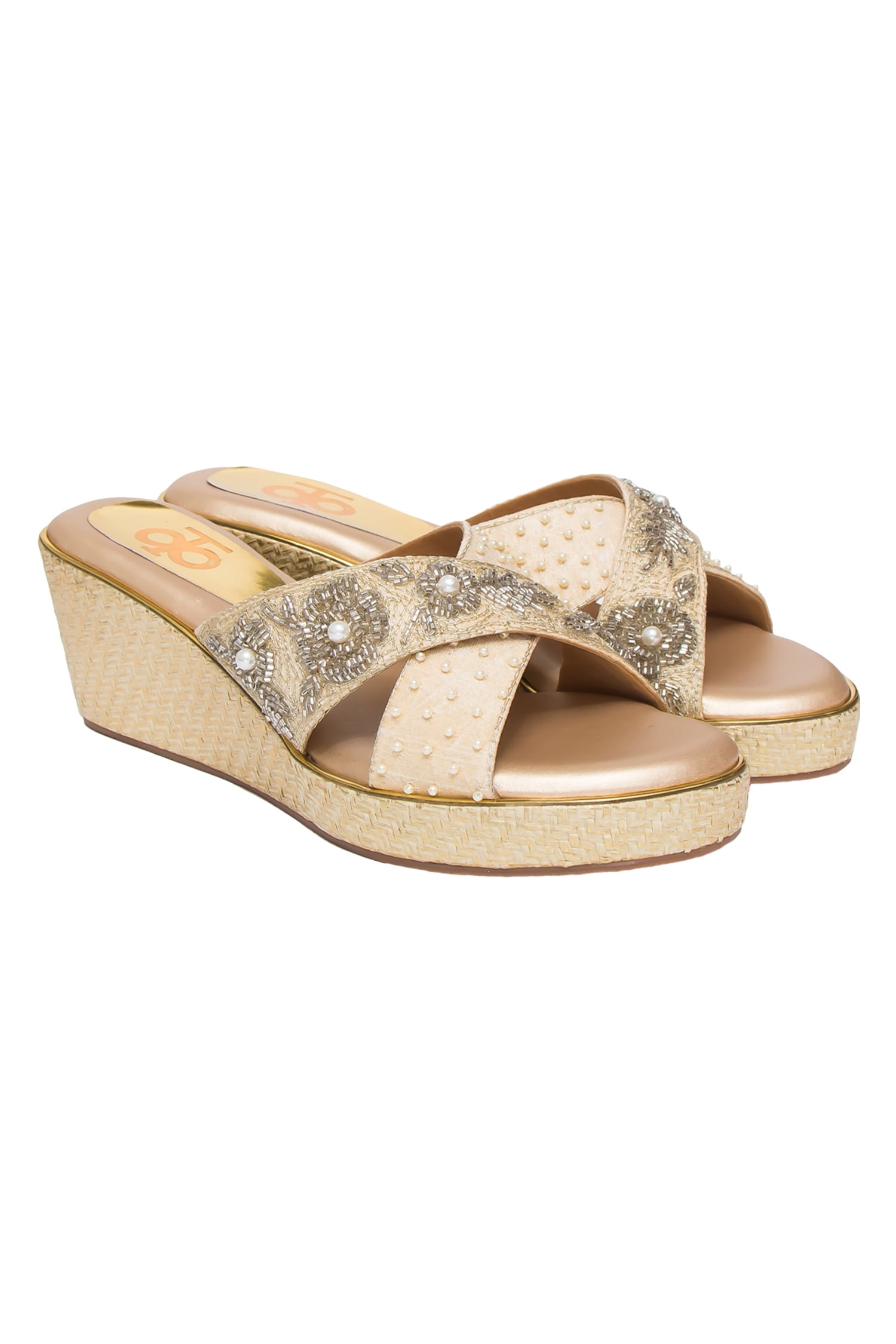 Buy Gold Embroidered Devika Criss Cross Platform Wedges by Kkarma ...