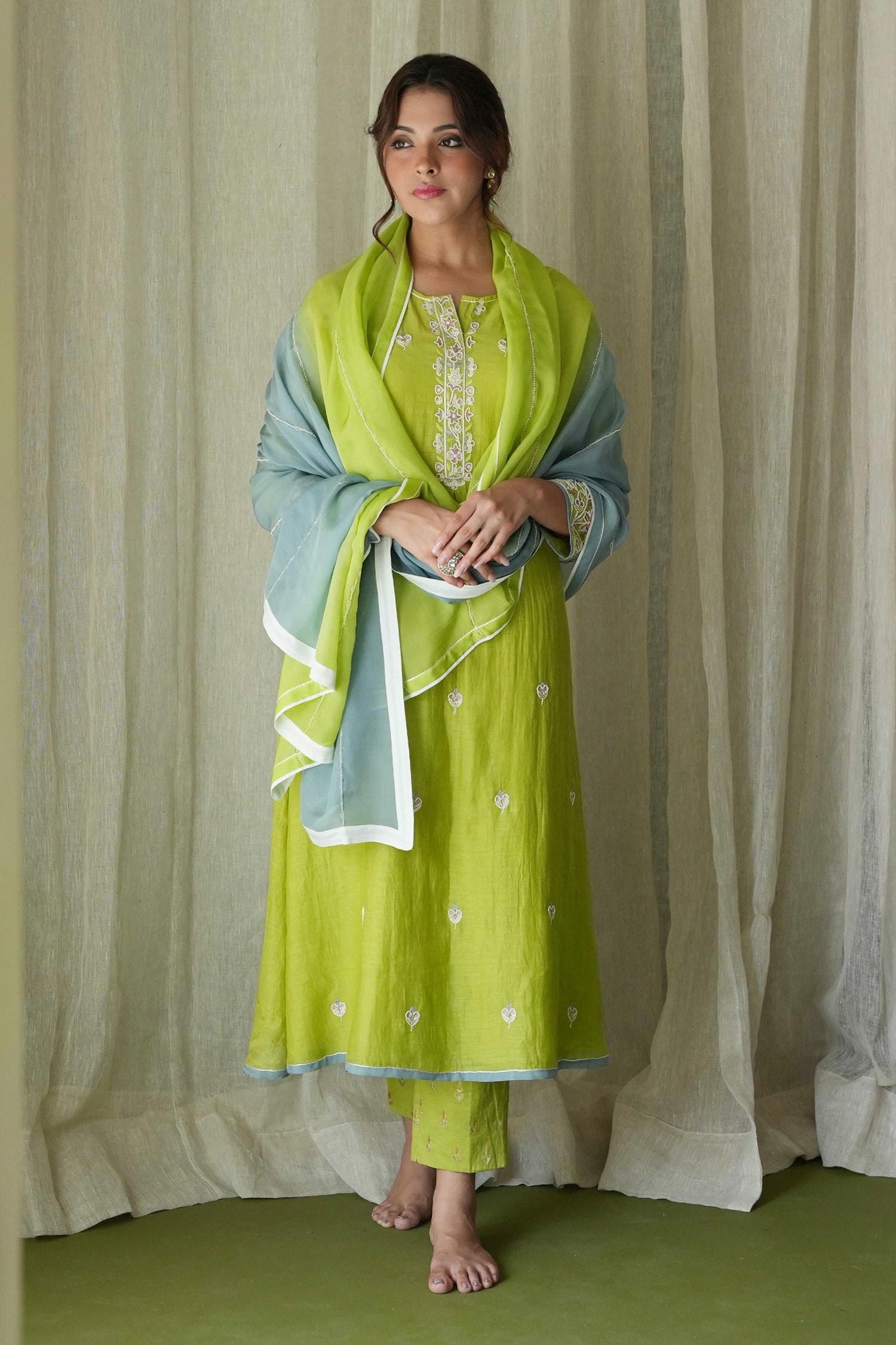 Buy Kanika Sharma Green Chanderi Silk Pearl Embroidered Kurta Pant Set ...