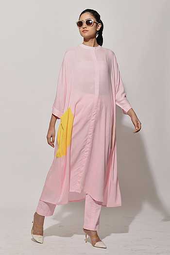 Buy Ekavira Pink Cotton Modal Kaner Color Block Pocket Kaftan Dress ...
