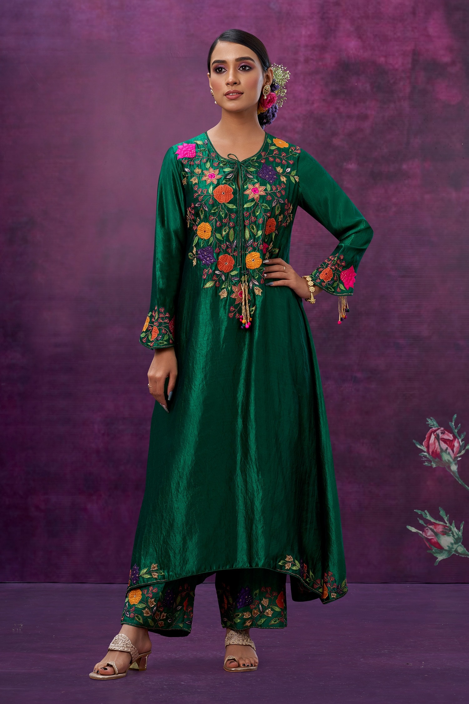 Buy Green Kora Silk Applique Mughal Round Kurta And Palazzo Set For ...