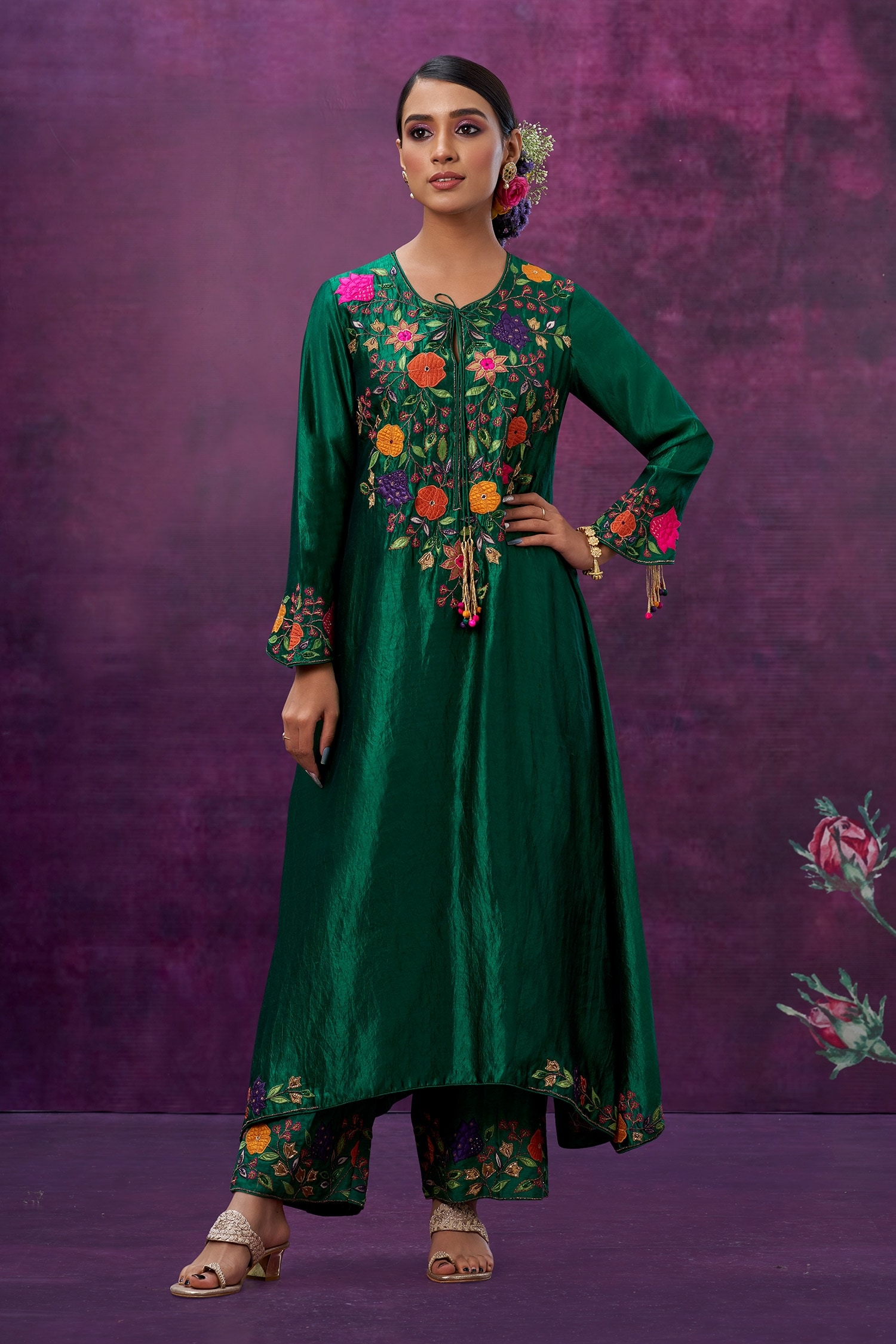 Buy Green Kora Silk Applique Mughal Round Kurta And Palazzo Set For 