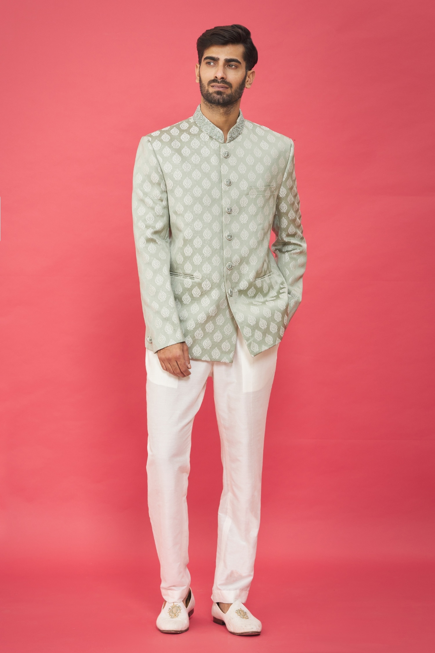 Buy Green Jacquard Peacock Motifs Jodhpuri Set For Men by Nero by Shaifali and Satya Online at ...