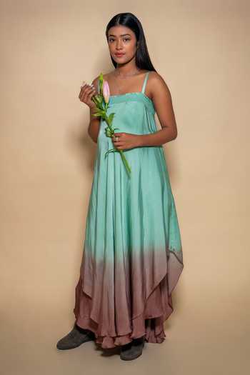 pink and green ombre dress Pink and Green Charmeuse Ruffle Strap Crossover Ombre Gown