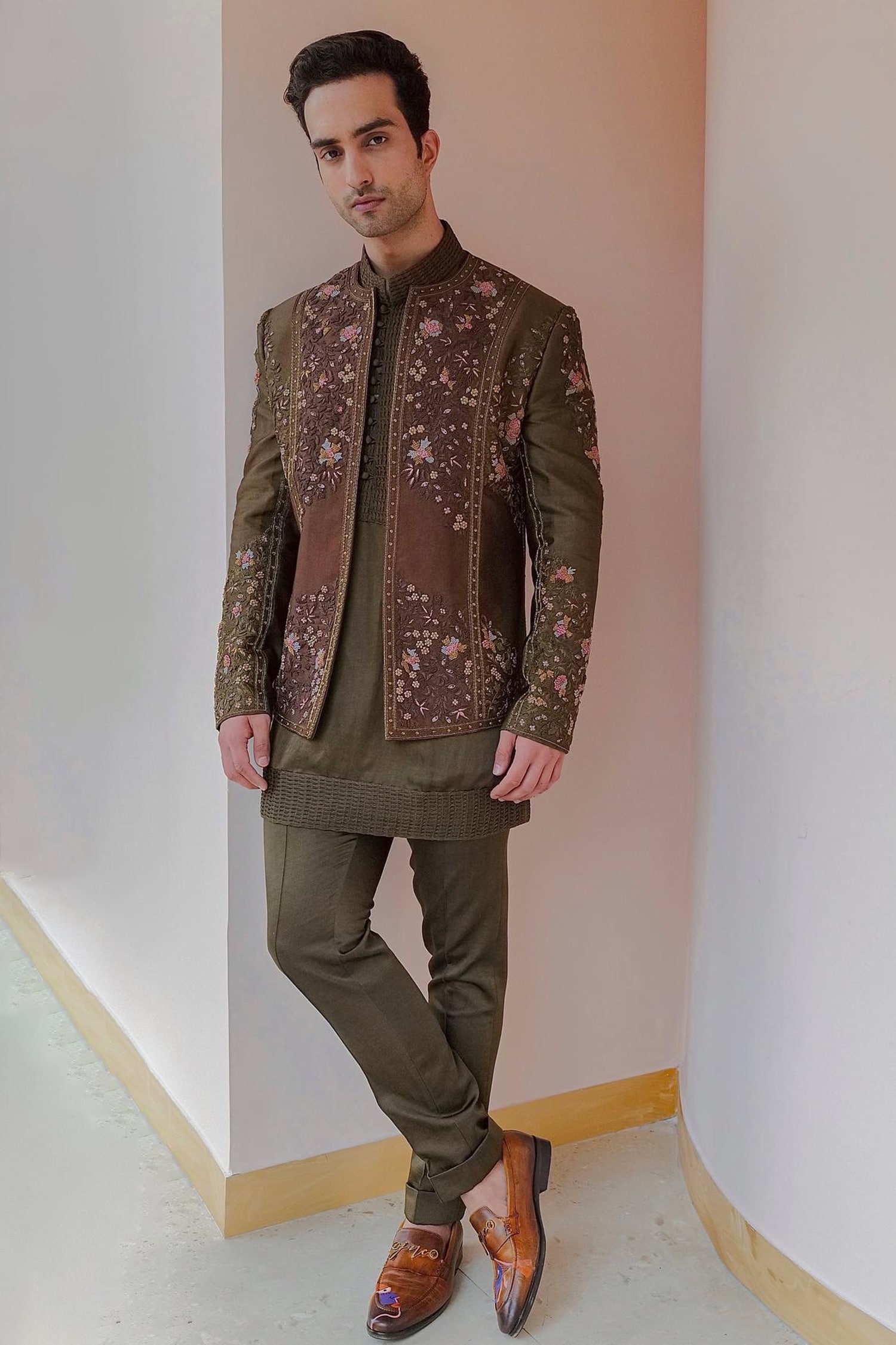 Jatin Malik Green Linen Silk Embroidered Floral Dolce Jacket Kurta Set For Men