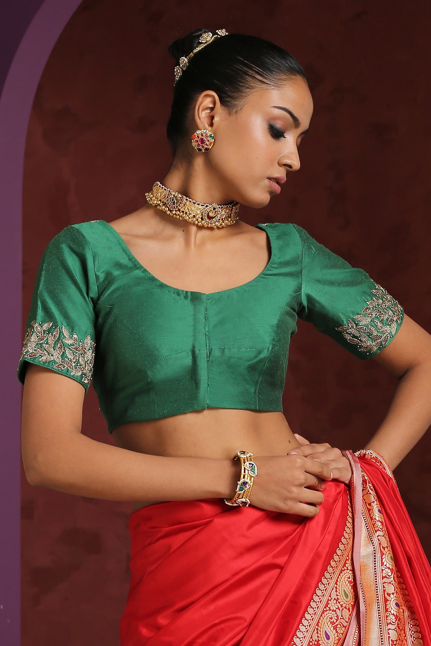 Weaver Story - Green Pure Silk Embroidery Zardozi Round Saree Blouse For  Women