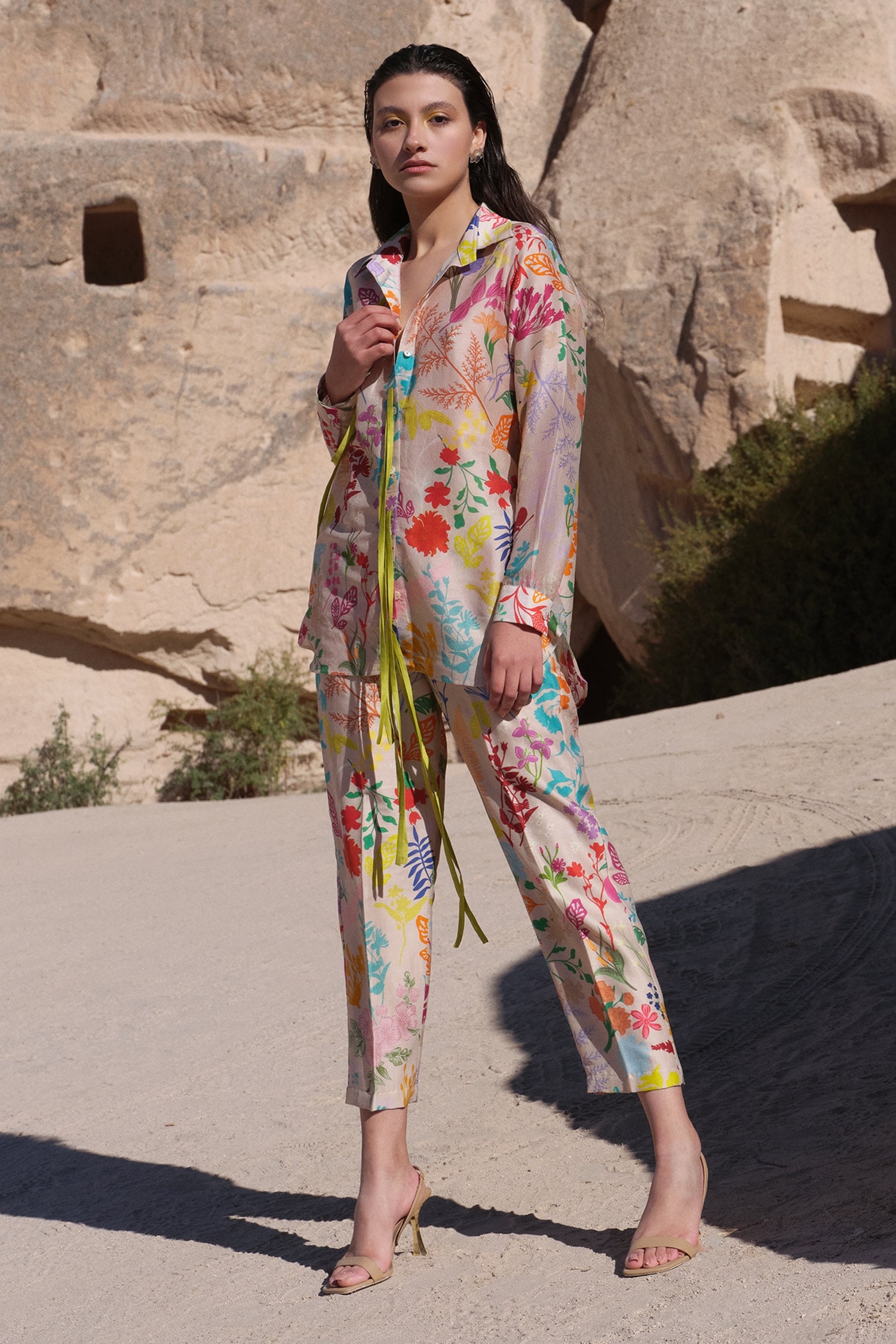 Twinkle Hanspal Multi Color Handloom Chanderi Orchid Printed Shirt And Pant Set