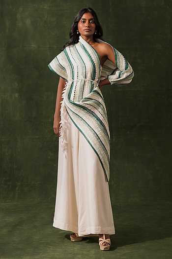 Buy Green Bamboo, Taffeta, Organza, Silk Deep Embroidered Drape