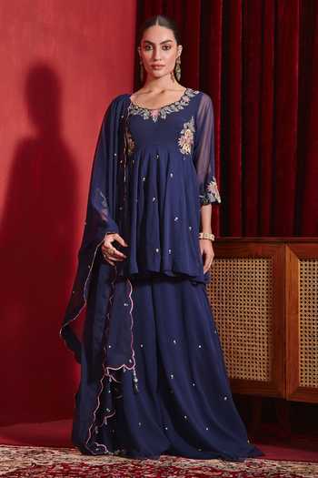 Timeless Elegance Maroon Hand-Embroidered Silk Peplum Kurta with Silk Sharara and Georgette Choker Dupatta