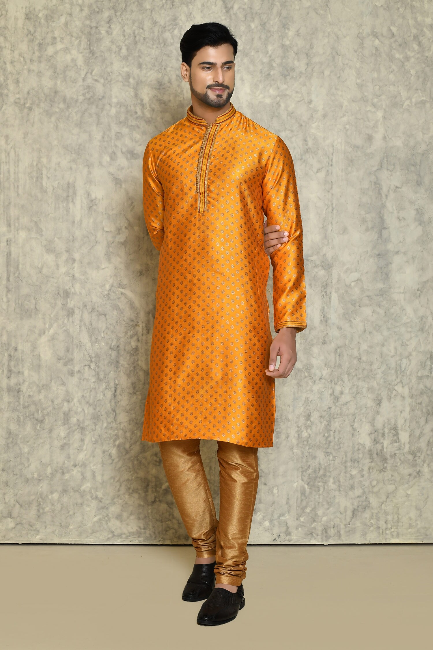 Buy Orange Kurta Cotton Silk Straight Set For Men by Naintara Bajaj