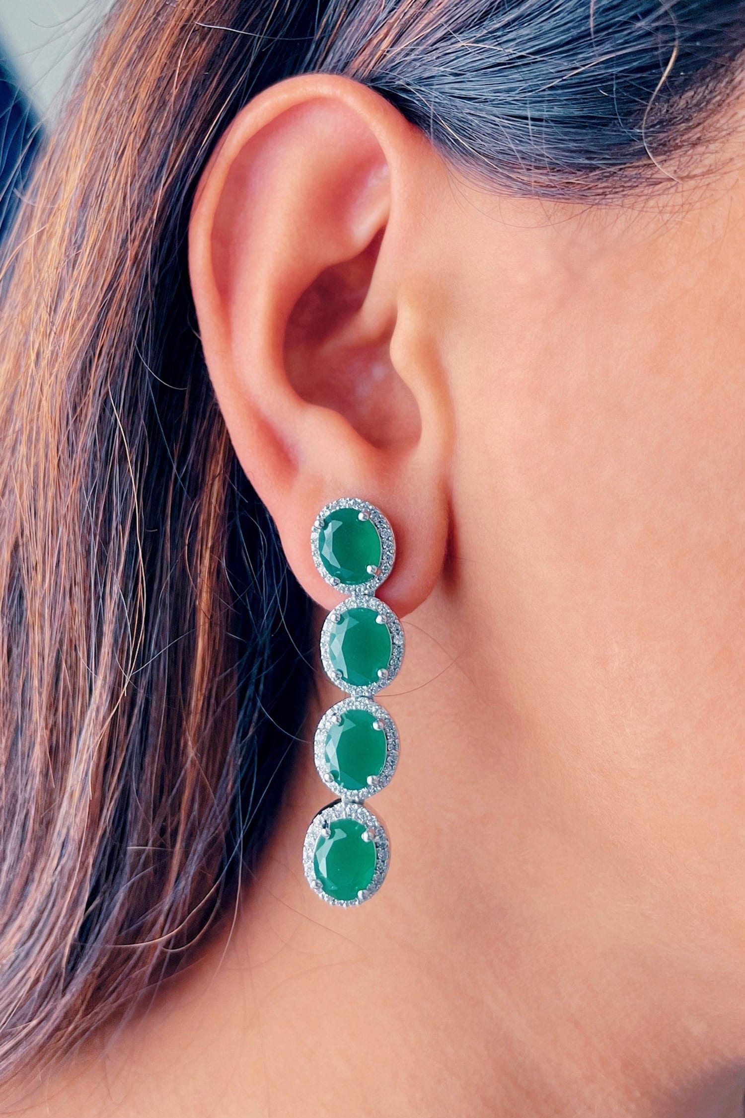 White Finish Faux Diamond  Emerald Drop Dangler Earrings Design by Prihan  Luxury Jewelry at Pernias Pop Up Shop 2023