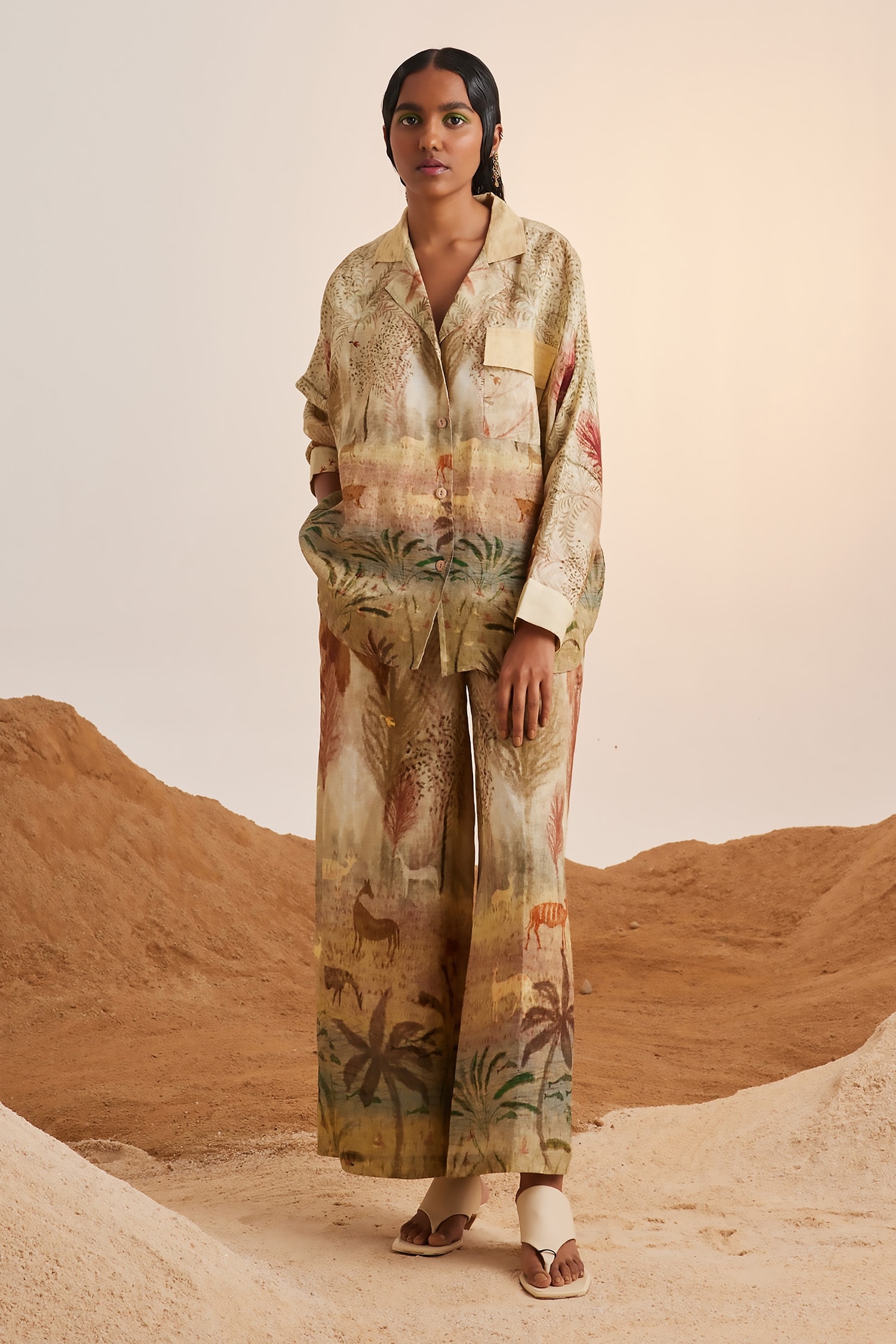 Cord Beige Linen Printed Botanical Notched Lapel Shirt And Flared Pant Set For Women
