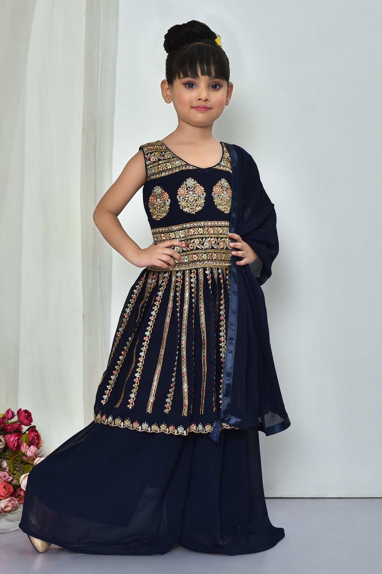 Buy Blue Faux Georgette Embroidered Floral Peplum Kurta Sharara Set For  Girls by Banana Bee Online at Aza Fashions.