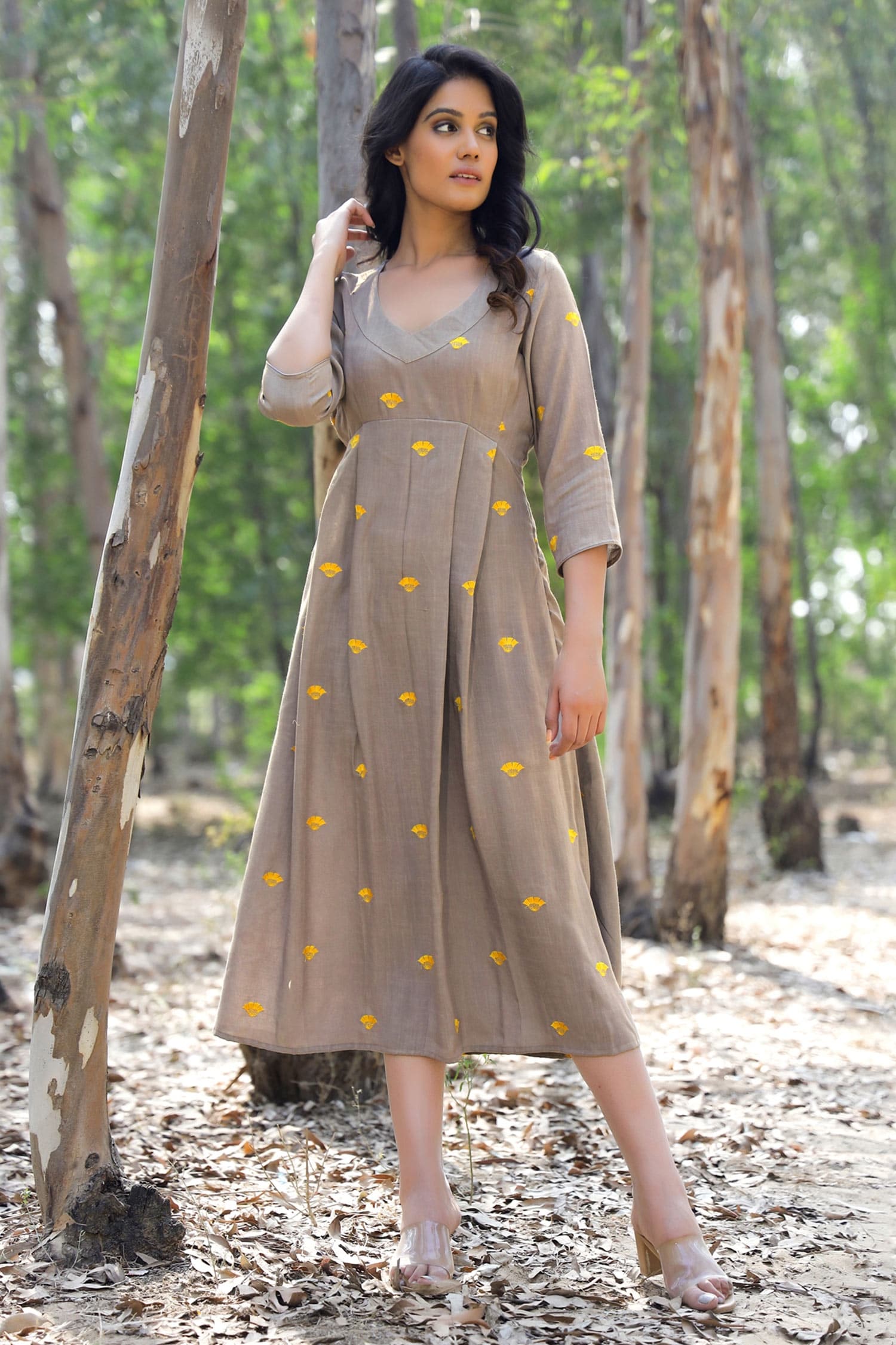 Buy Kapraaaha Grey Sustainable Rayon Floral Embroidered Dress Online ...